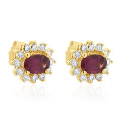 Clous d'oreilles en or jaune 14 carats, tourmaline rubellite et diamants