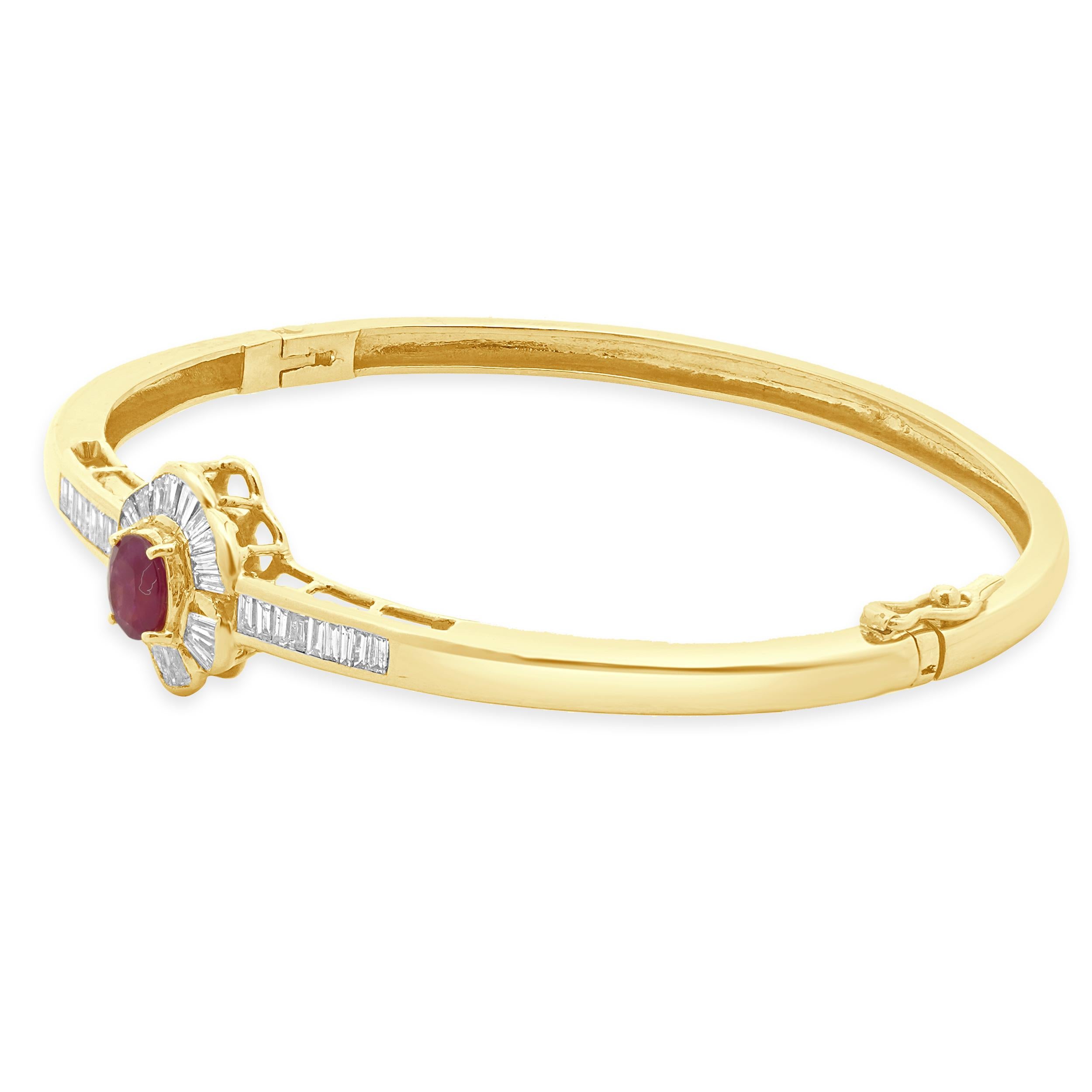 Designer: custom
Material: 14K yellow gold
Ruby: oval cut = 0.70cttw
Diamond: 38 round cut = 1.20cttw
Color: H
Clarity: I1
Dimensions: bracelet will fit up to a 6.75-inch wrist
Weight: 11.27 grams
