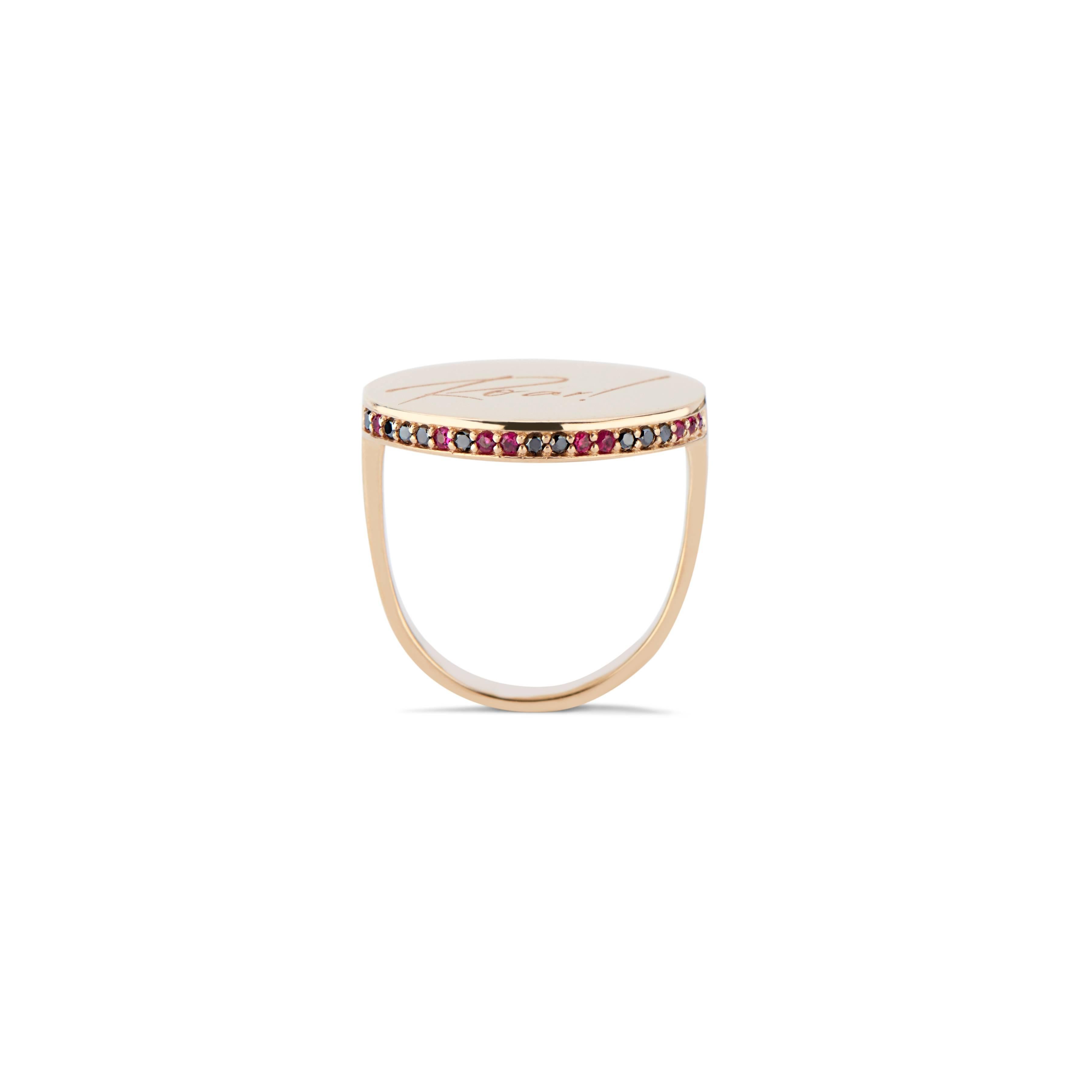 Inspired by the battle cry for women in 2018: I am Woman; hear me Roar!, the bold and beautiful 14k gold Roar! Signet with rubies and black diamonds is the perfect ring to remind us that we are a force with which to be reckoned.  Its diameter is 25