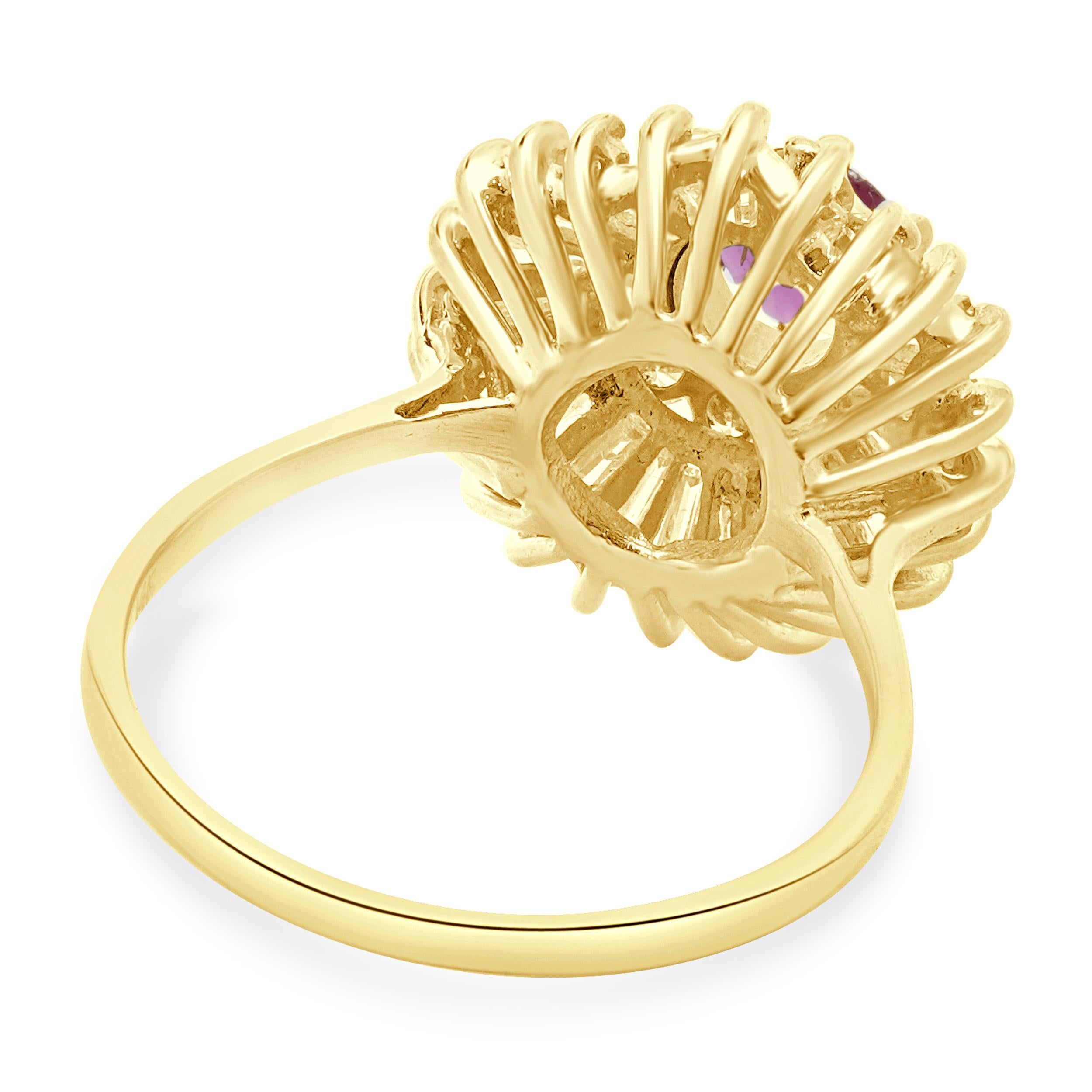 Round Cut 14 Karat Yellow Gold Ruby and Diamond Ballerina Ring For Sale