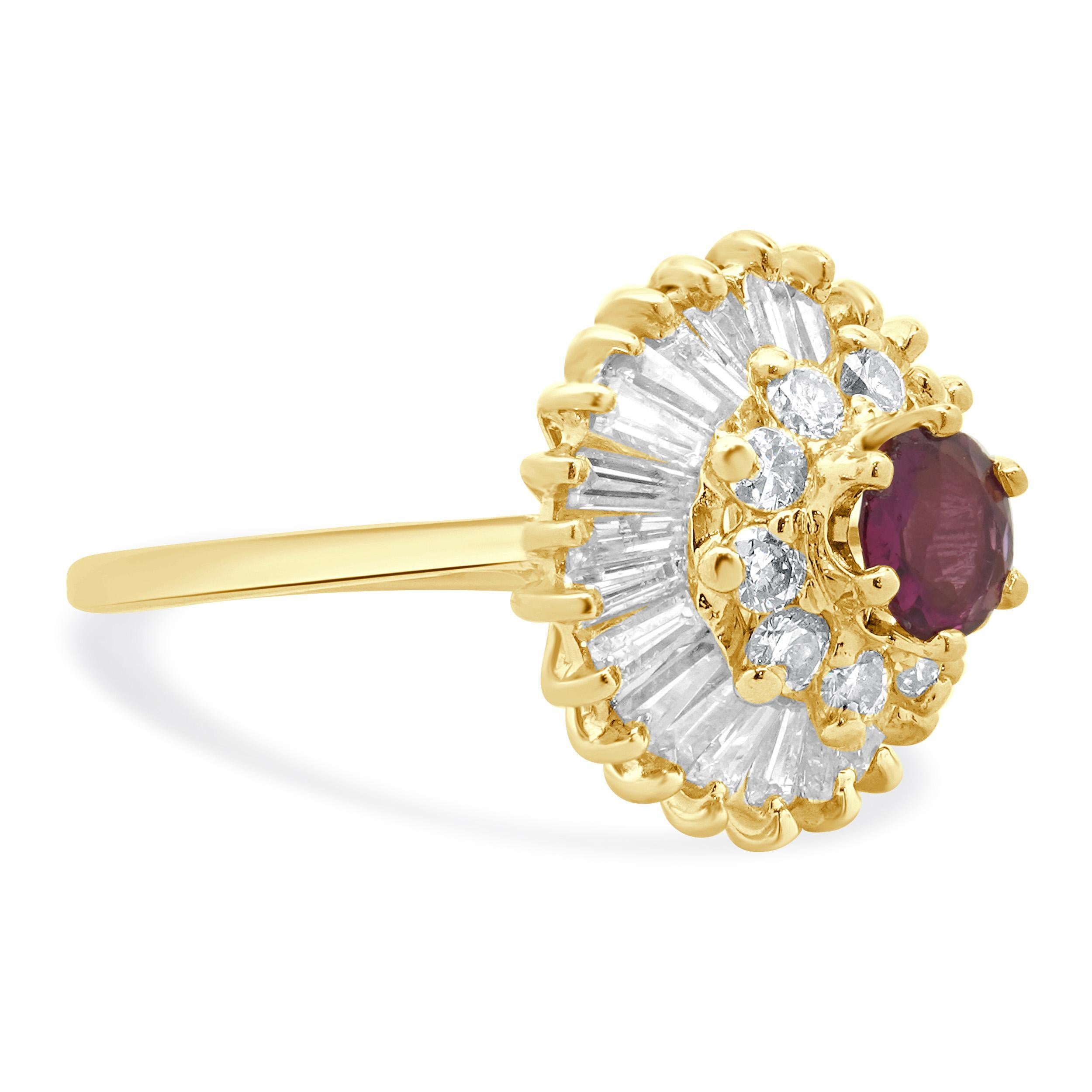 14 Karat Yellow Gold Ruby and Diamond Ballerina Ring In Excellent Condition For Sale In Scottsdale, AZ