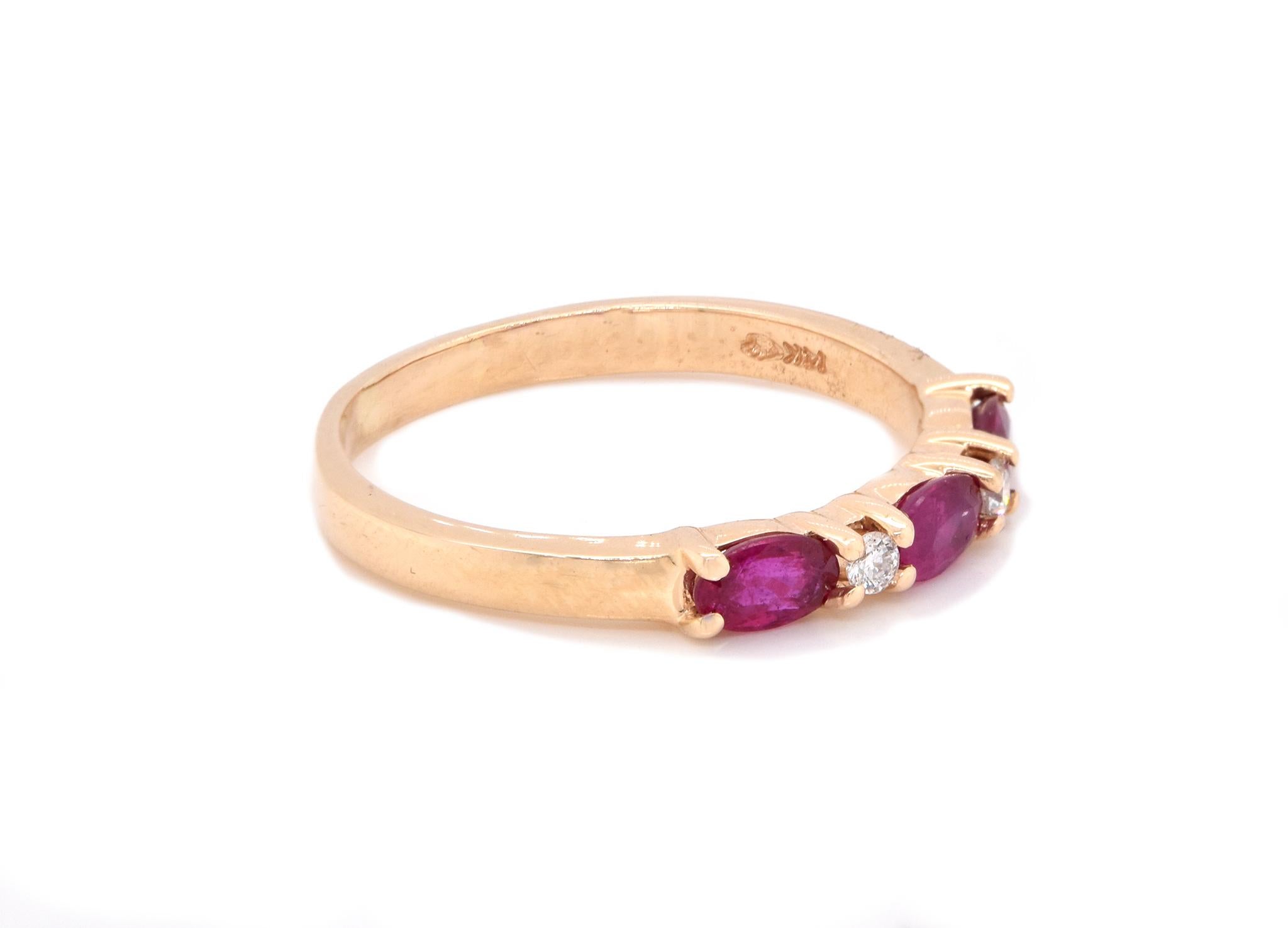 Material: 14K yellow gold
Diamond: 2 round cut = .06ttw
Color: G
Clarity: SI1
Ruby: 3 oval cut = .96ct
Ring Size: 9.25 (please allow up to 2 additional business days for sizing requests)
Dimensions: ring top measures 3.21mm wide
Weight: 2.98 grams
