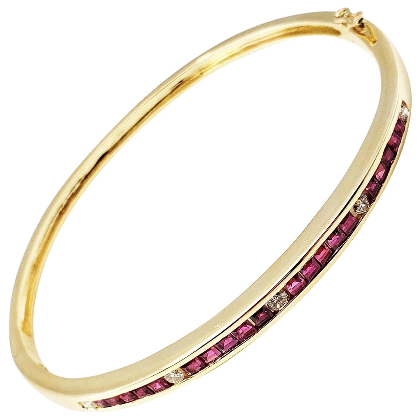 14 Karat Yellow Gold Ruby and Diamond Bangle Bracelet