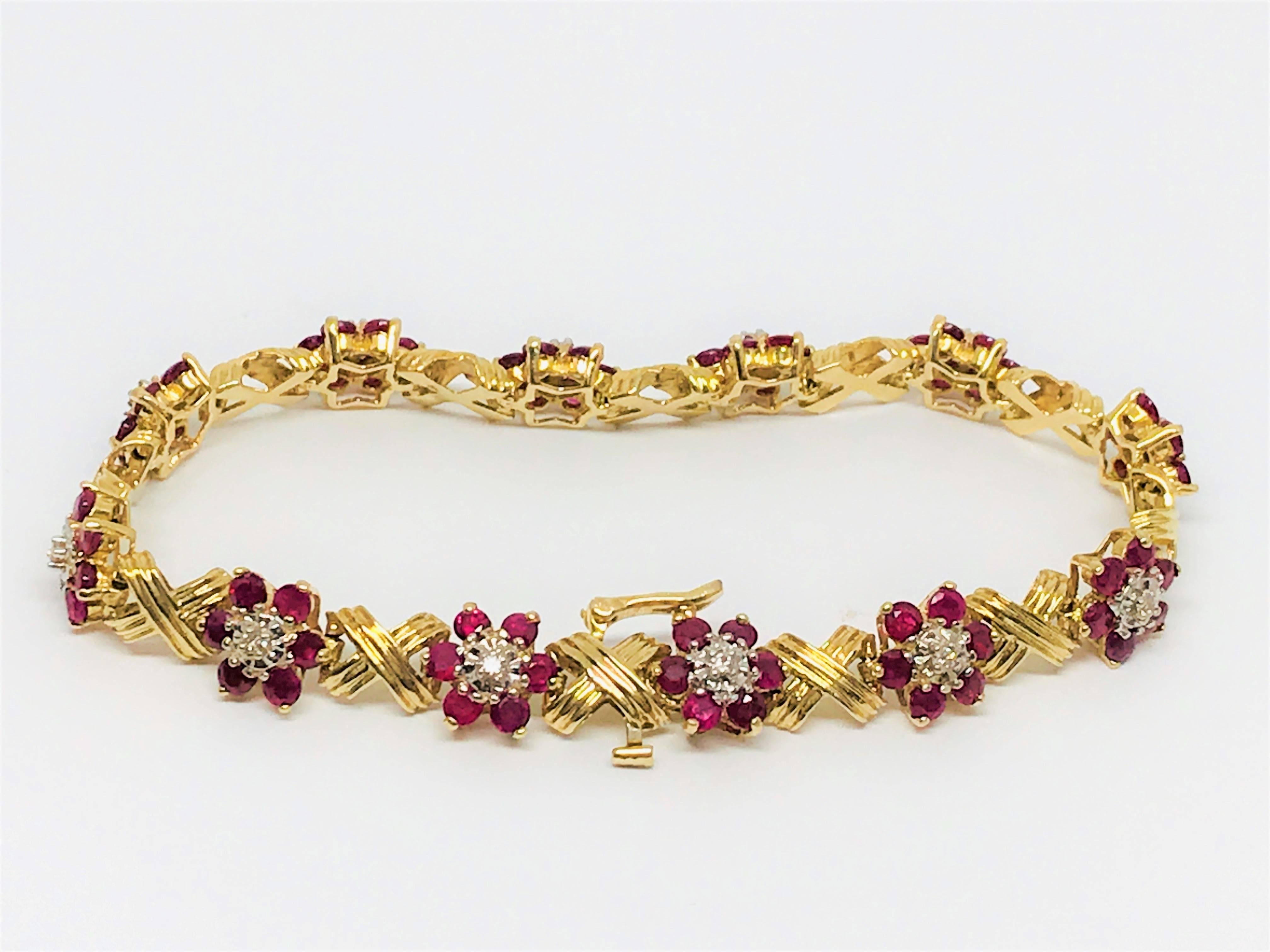 Modern 14 Karat Yellow Gold Ruby and Diamond Bracelet For Sale