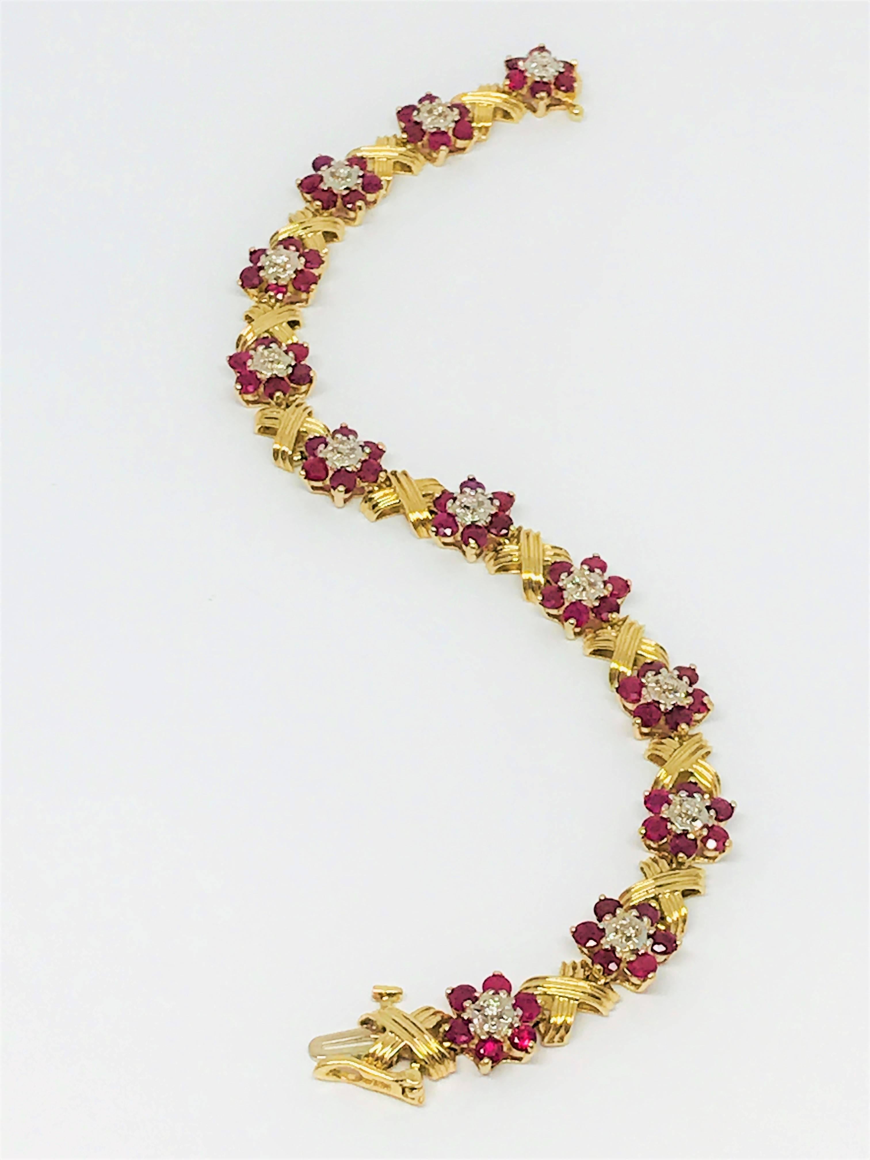 14 Karat Yellow Gold Ruby and Diamond Bracelet In Excellent Condition For Sale In Kent, CT