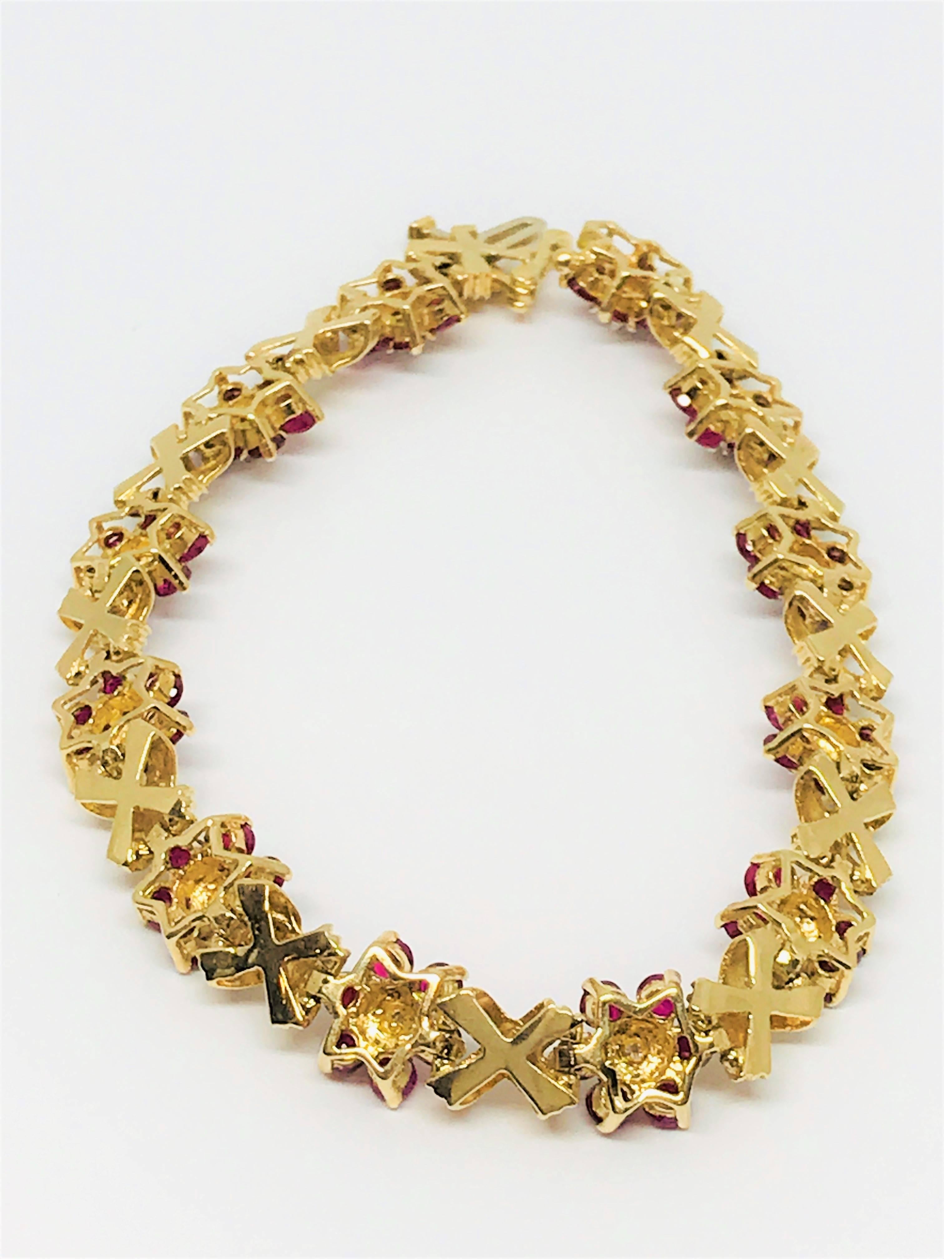 Women's 14 Karat Yellow Gold Ruby and Diamond Bracelet For Sale