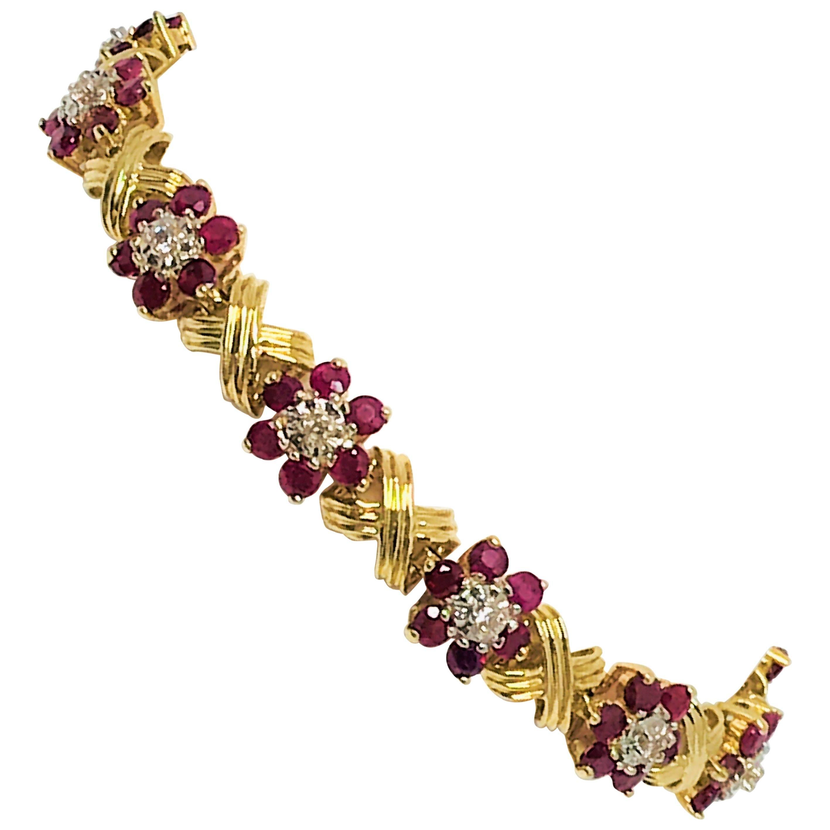 14 Karat Yellow Gold Ruby and Diamond Bracelet For Sale