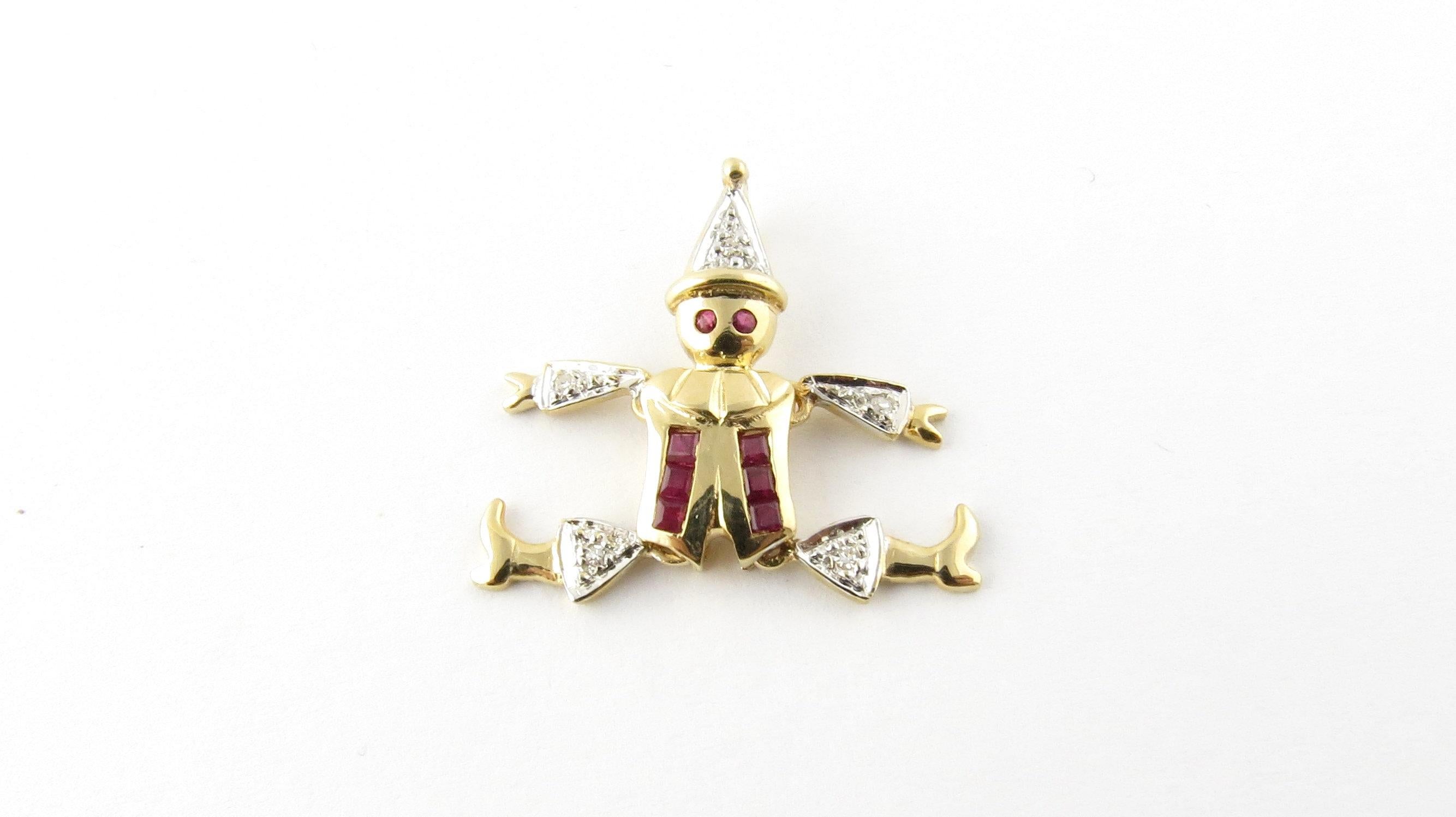 Women's or Men's 14 Karat Yellow Gold Ruby and Diamond Clown Pendant