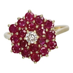 14 Karat Yellow Gold Ruby and Diamond Cluster Ring