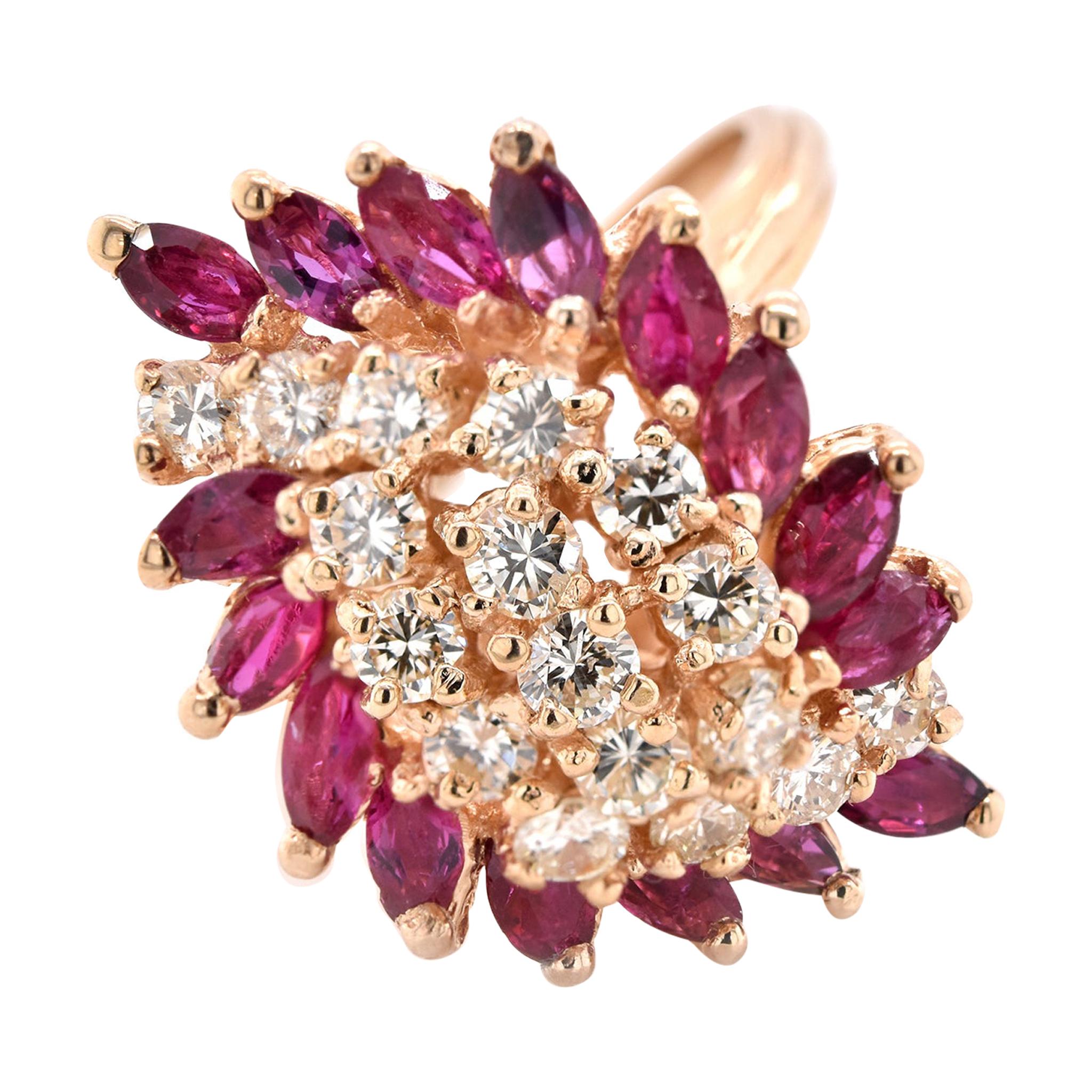 14 Karat Yellow Gold Ruby and Diamond Cluster Ring