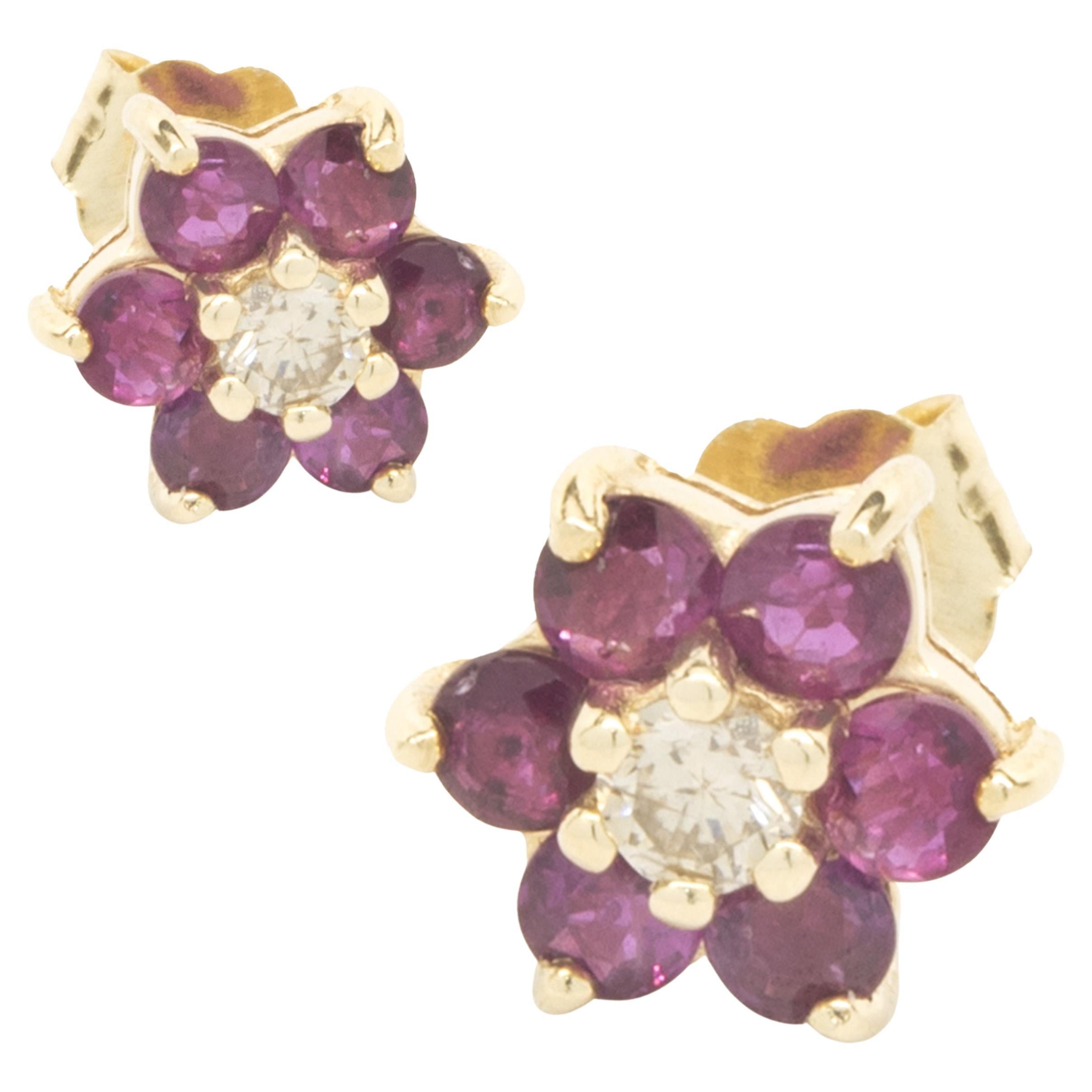 14 Karat Yellow Gold Ruby and Diamond Cluster Stud Earrings