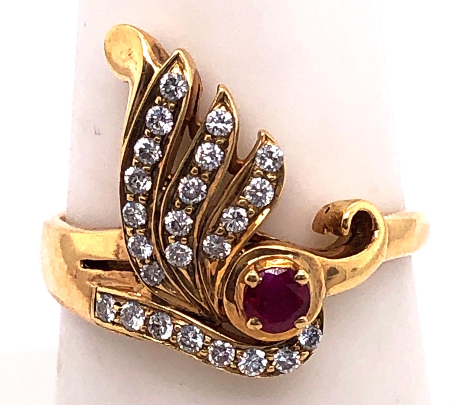 Modern 14 Karat Yellow Gold Ruby and Diamond Contemporary Ring For Sale