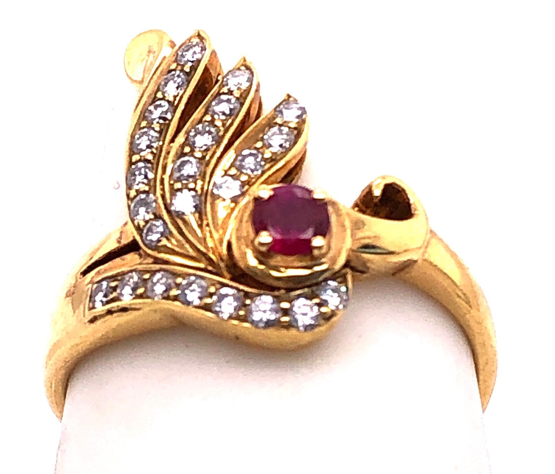 Round Cut 14 Karat Yellow Gold Ruby and Diamond Contemporary Ring For Sale