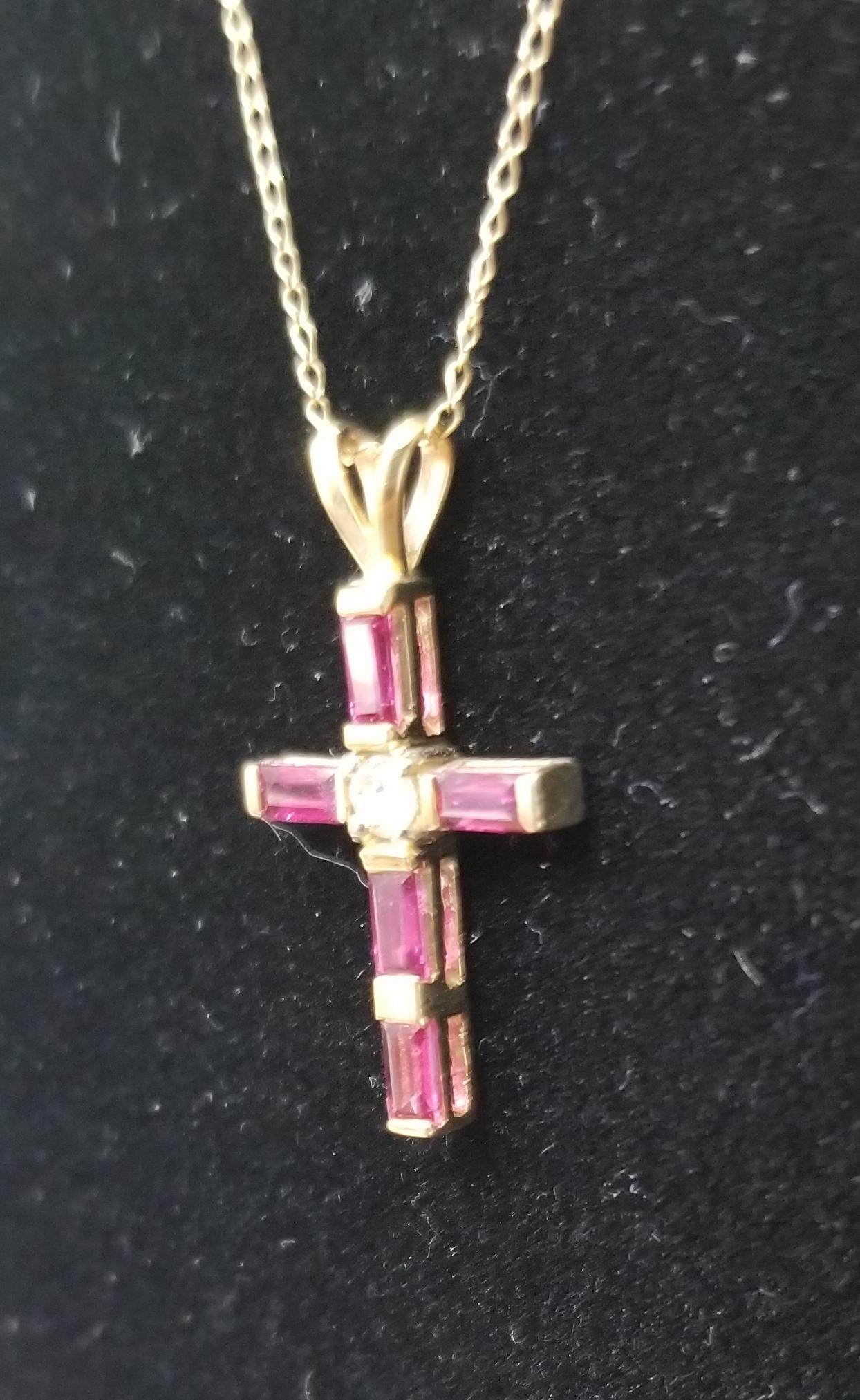 Baguette Cut 14 Karat Yellow Gold Ruby and Diamond Cross For Sale