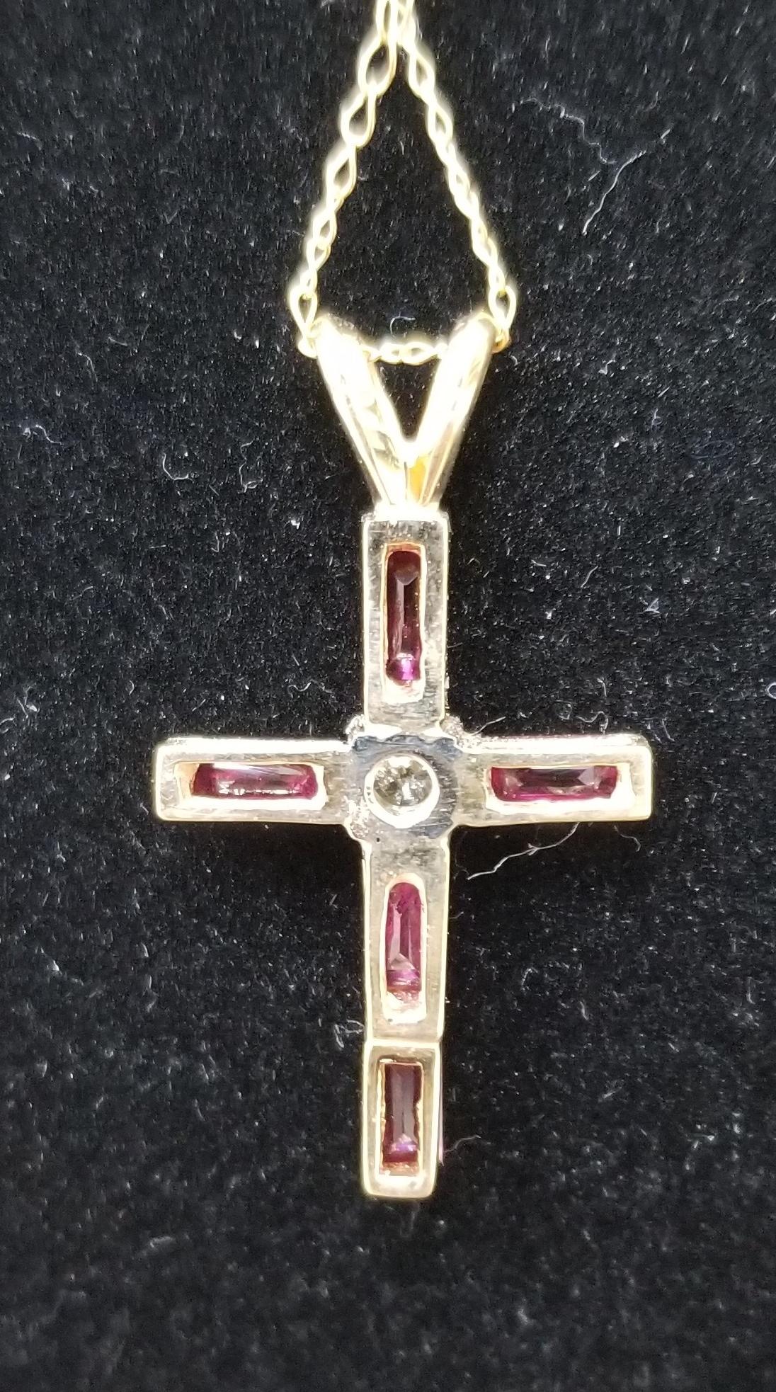 14 Karat Yellow Gold Ruby and Diamond Cross In New Condition For Sale In Los Angeles, CA