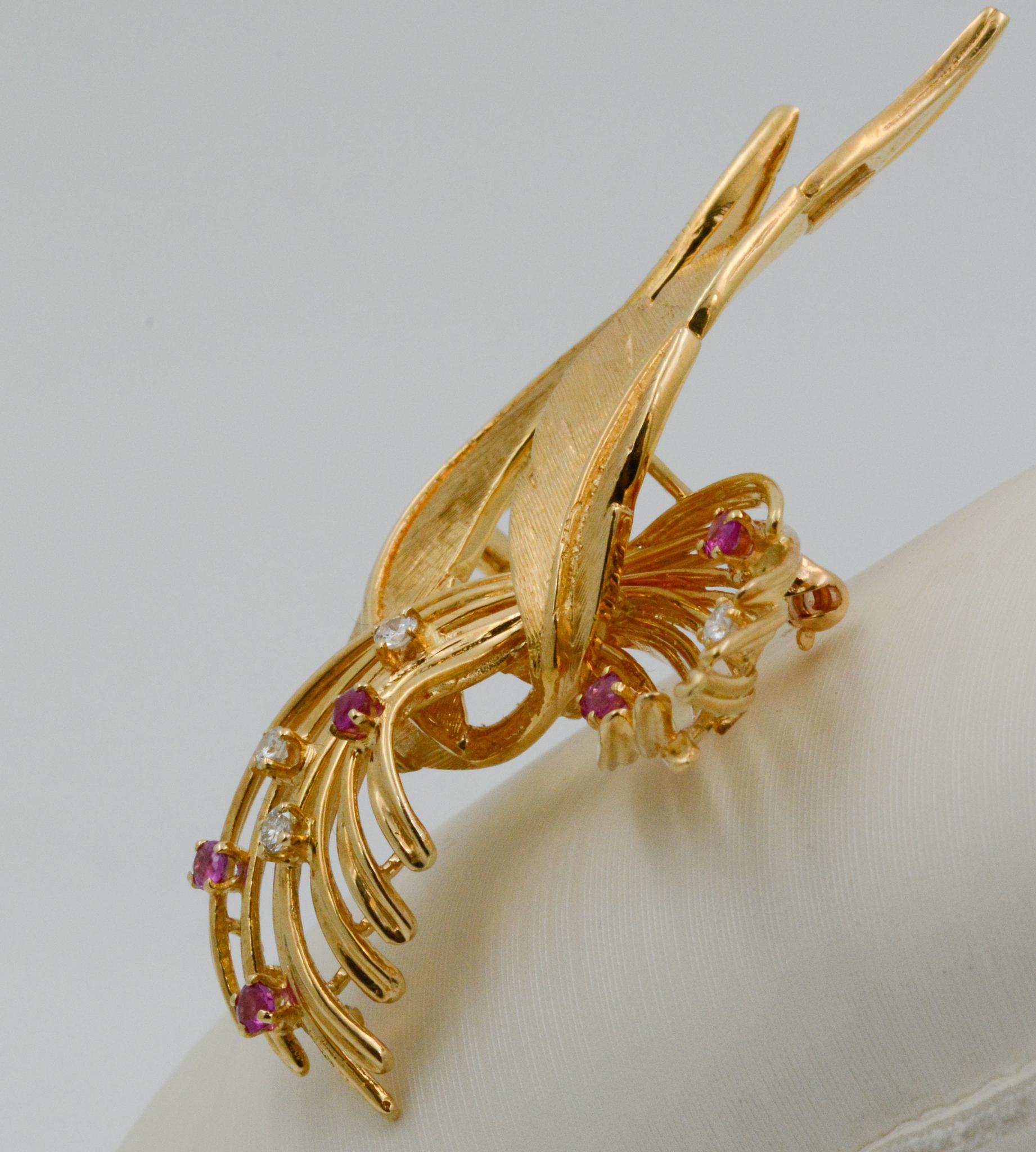 Women's 14 Karat Yellow Gold Ruby and Diamond Curvy Leaf Pin
