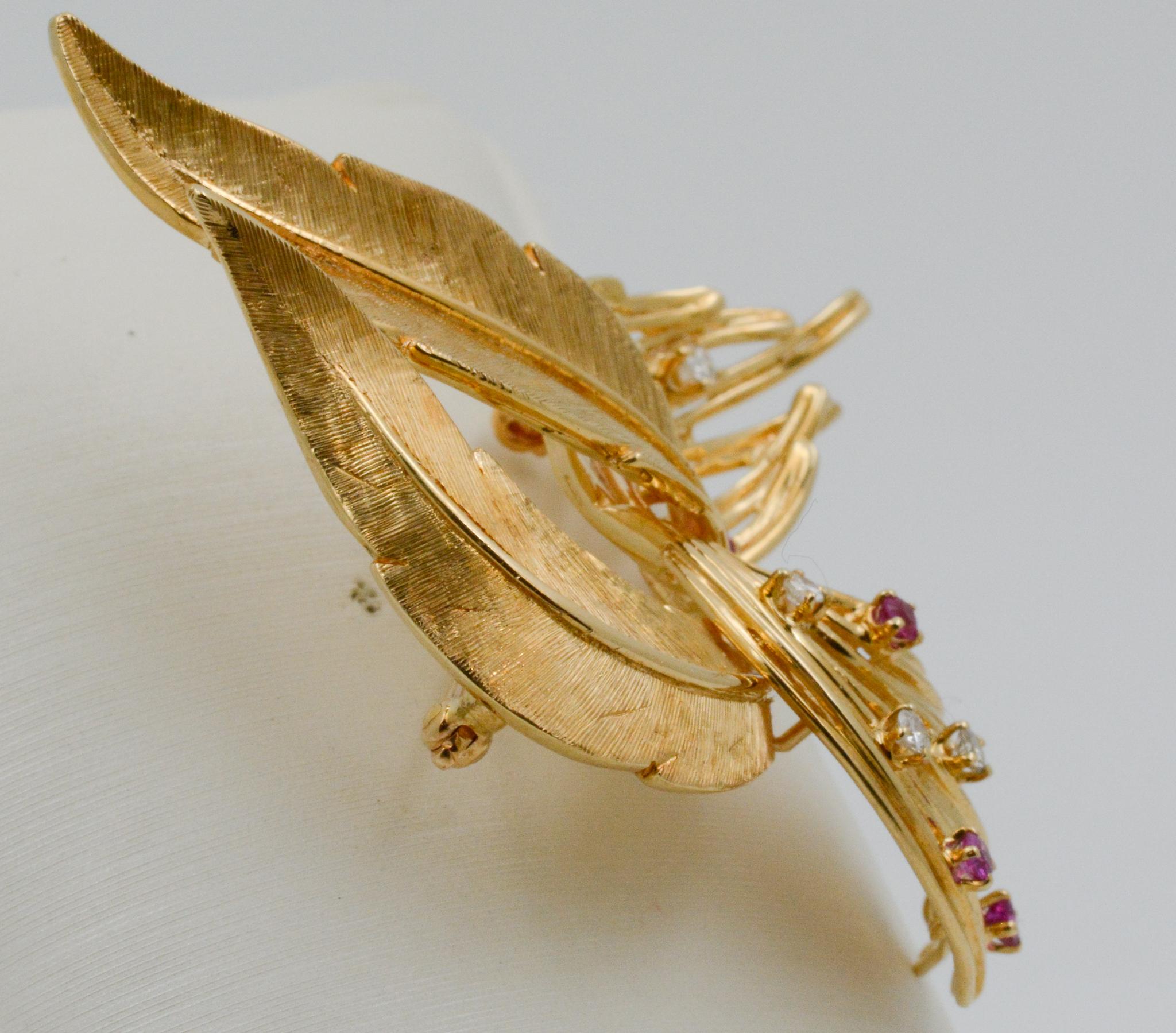 14 Karat Yellow Gold Ruby and Diamond Curvy Leaf Pin 1