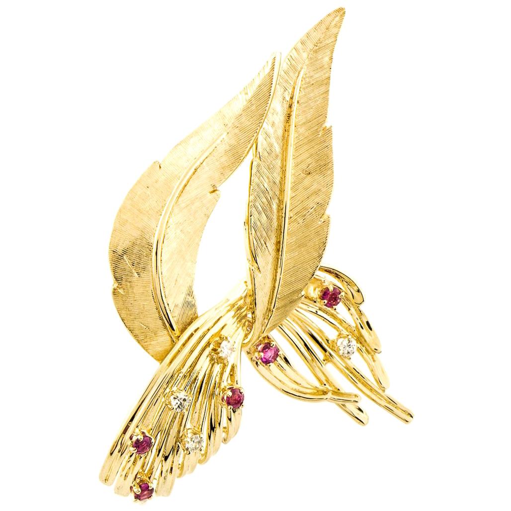 14 Karat Yellow Gold Ruby and Diamond Curvy Leaf Pin