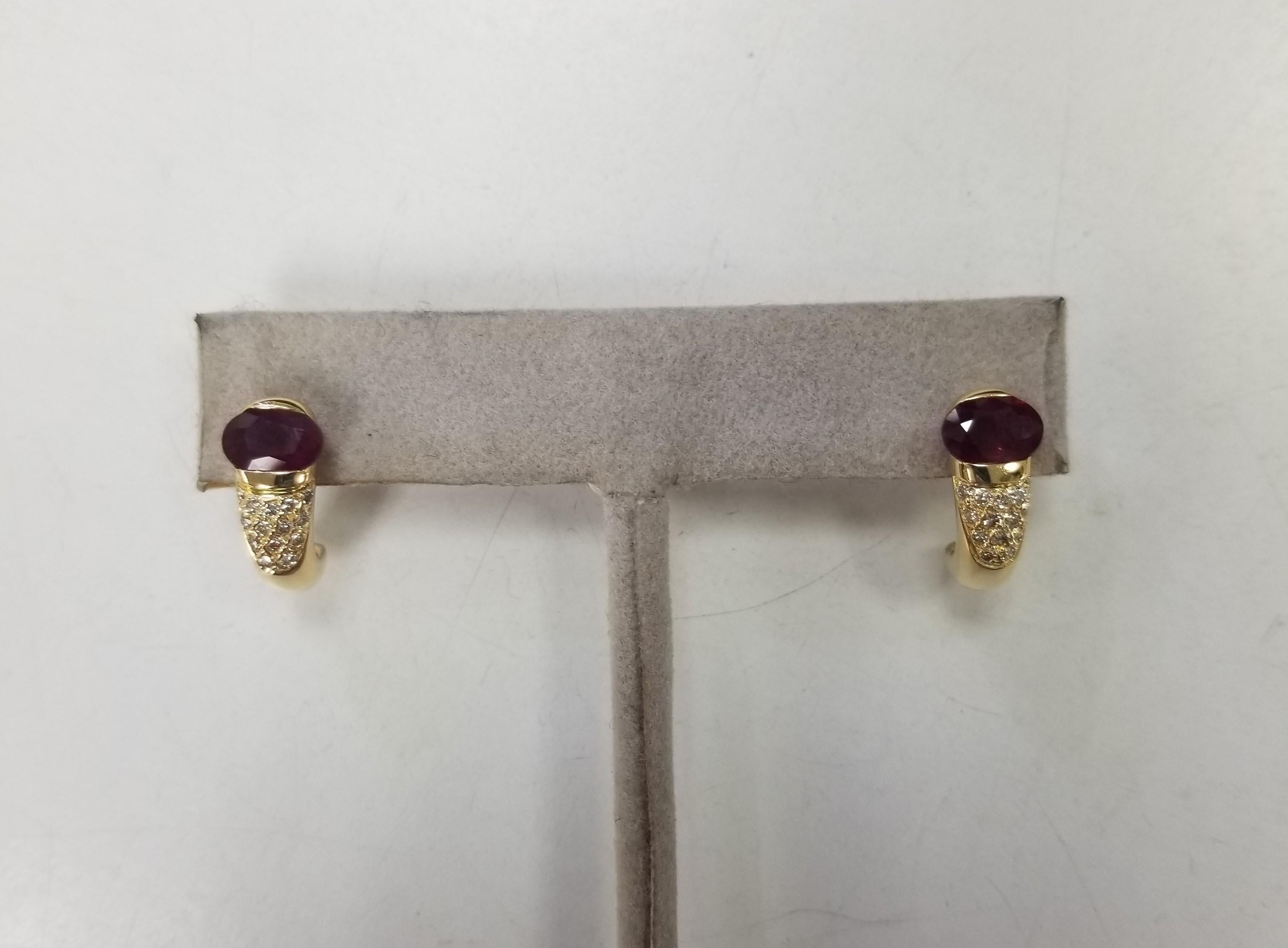 Contemporary 14 Karat Yellow Gold Ruby and Diamond Earrings For Sale