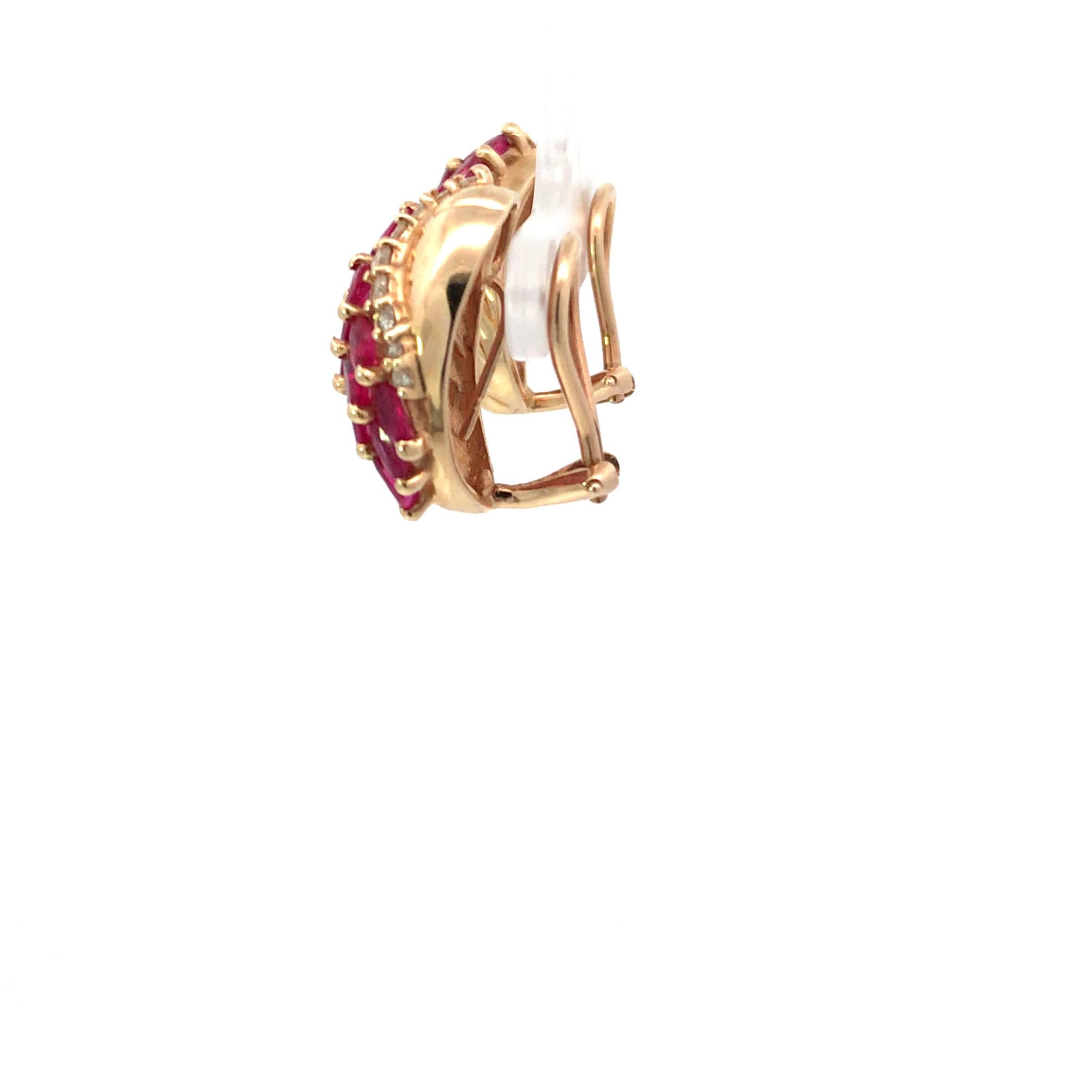 Marquise Cut 14 Karat Yellow Gold Ruby and Diamond Earrings For Sale