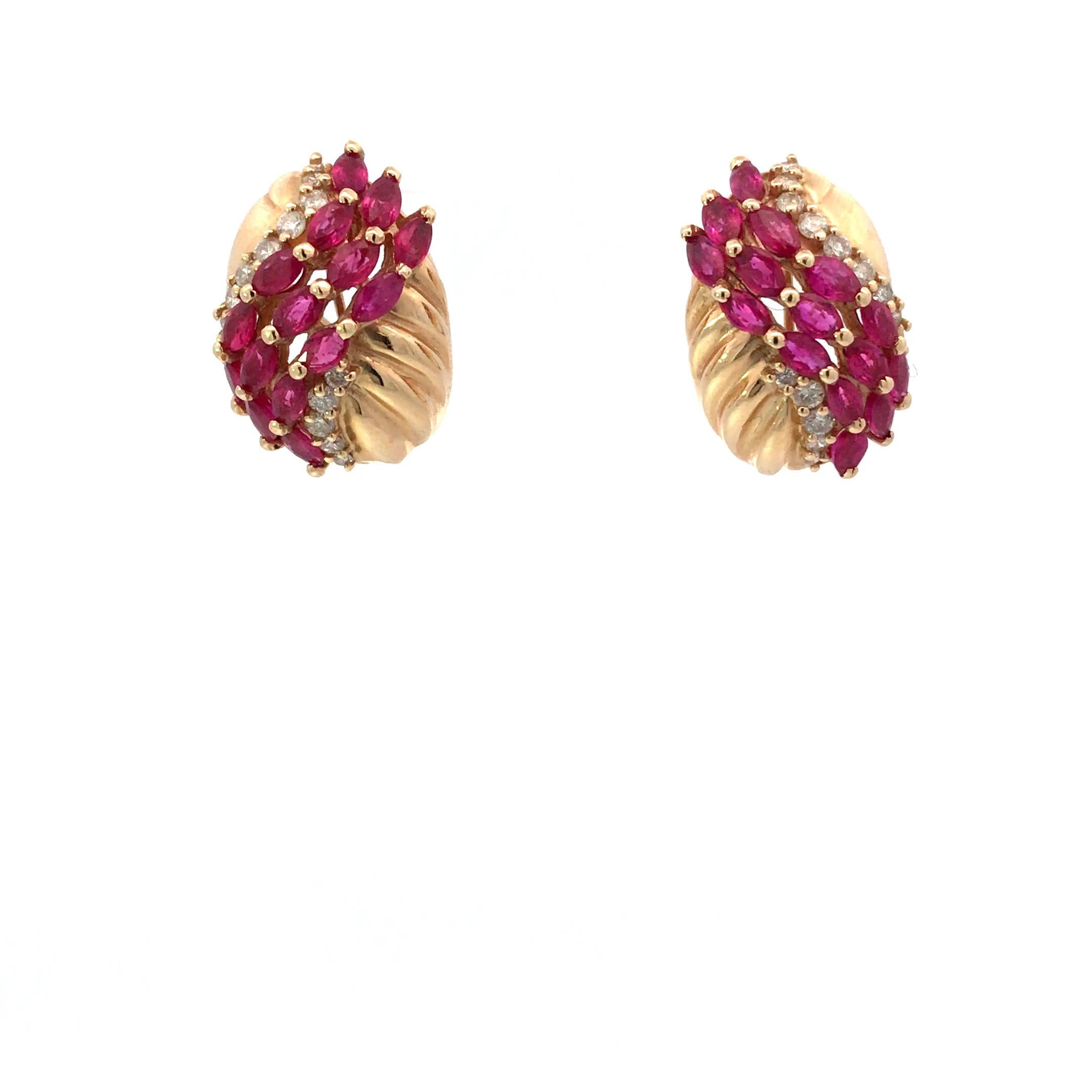 14 Karat Yellow Gold Ruby and Diamond Earrings In Excellent Condition For Sale In Palm Desert, CA