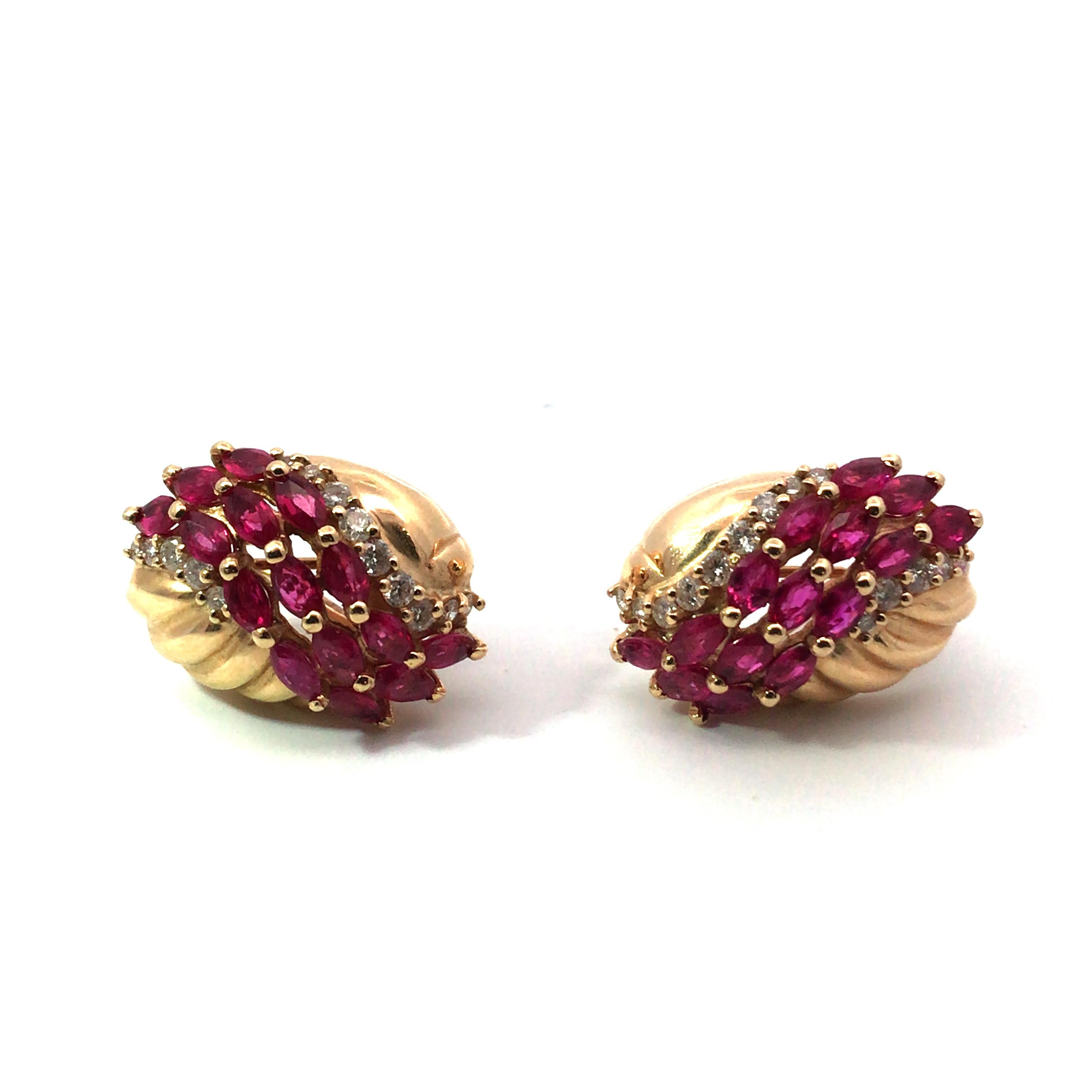 Women's or Men's 14 Karat Yellow Gold Ruby and Diamond Earrings For Sale