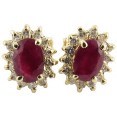 Vintage 14 Karat Yellow Gold Ruby and Diamond Earrings