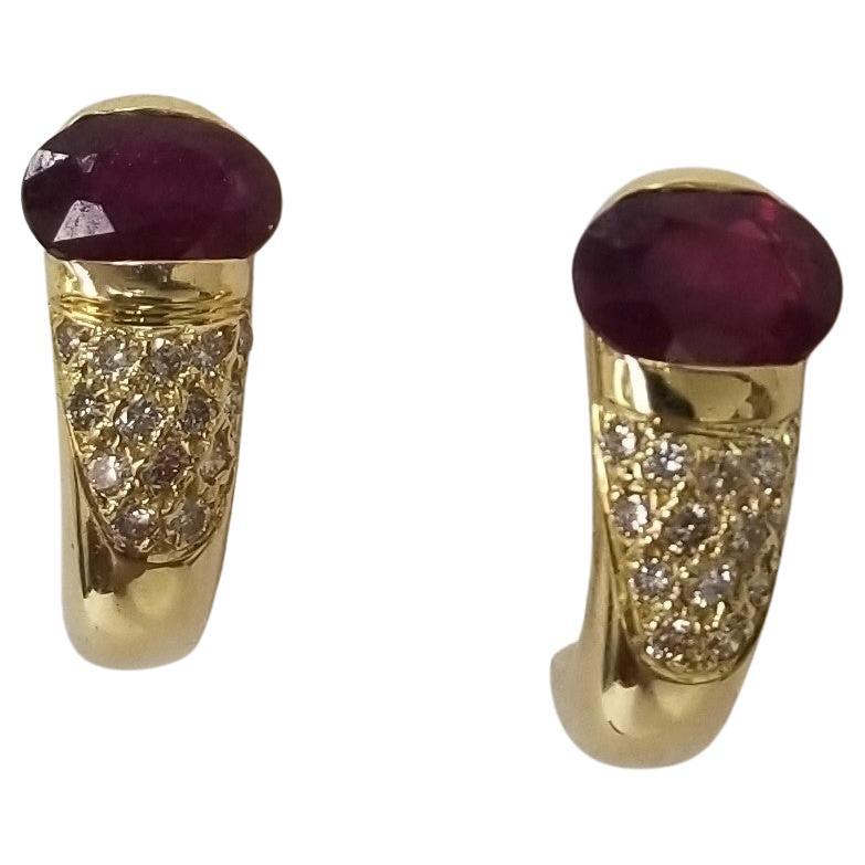 14 Karat Yellow Gold Ruby and Diamond Earrings  For Sale