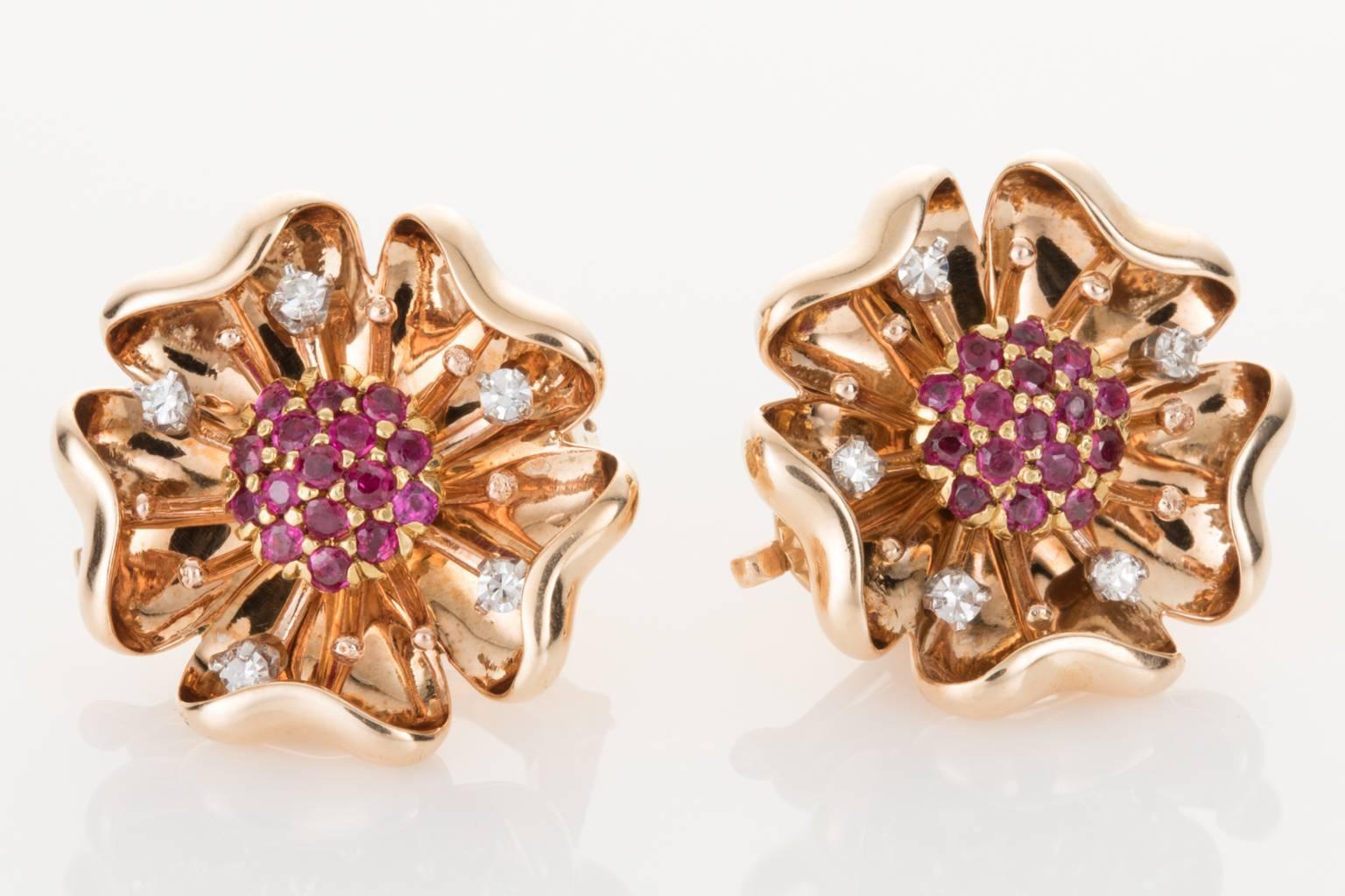 Retro 14 Karat Yellow Gold Ruby and Diamond Flower Earclips For Sale