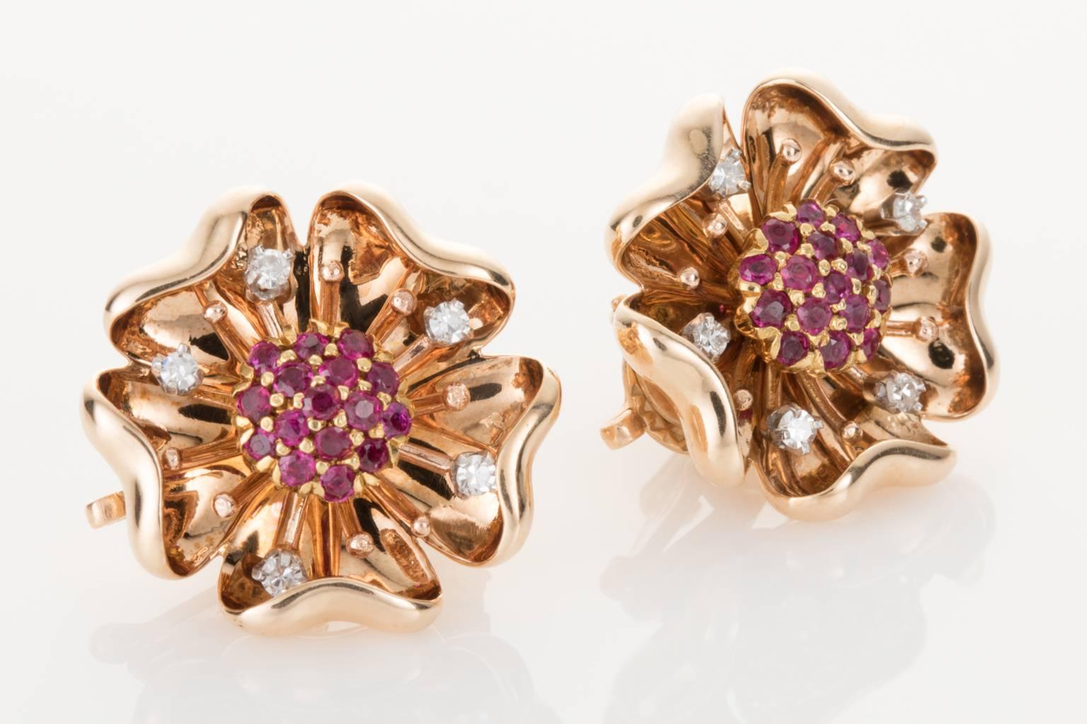 Round Cut 14 Karat Yellow Gold Ruby and Diamond Flower Earclips For Sale