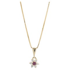 14 Karat Yellow Gold Ruby and Diamond Flower Necklace