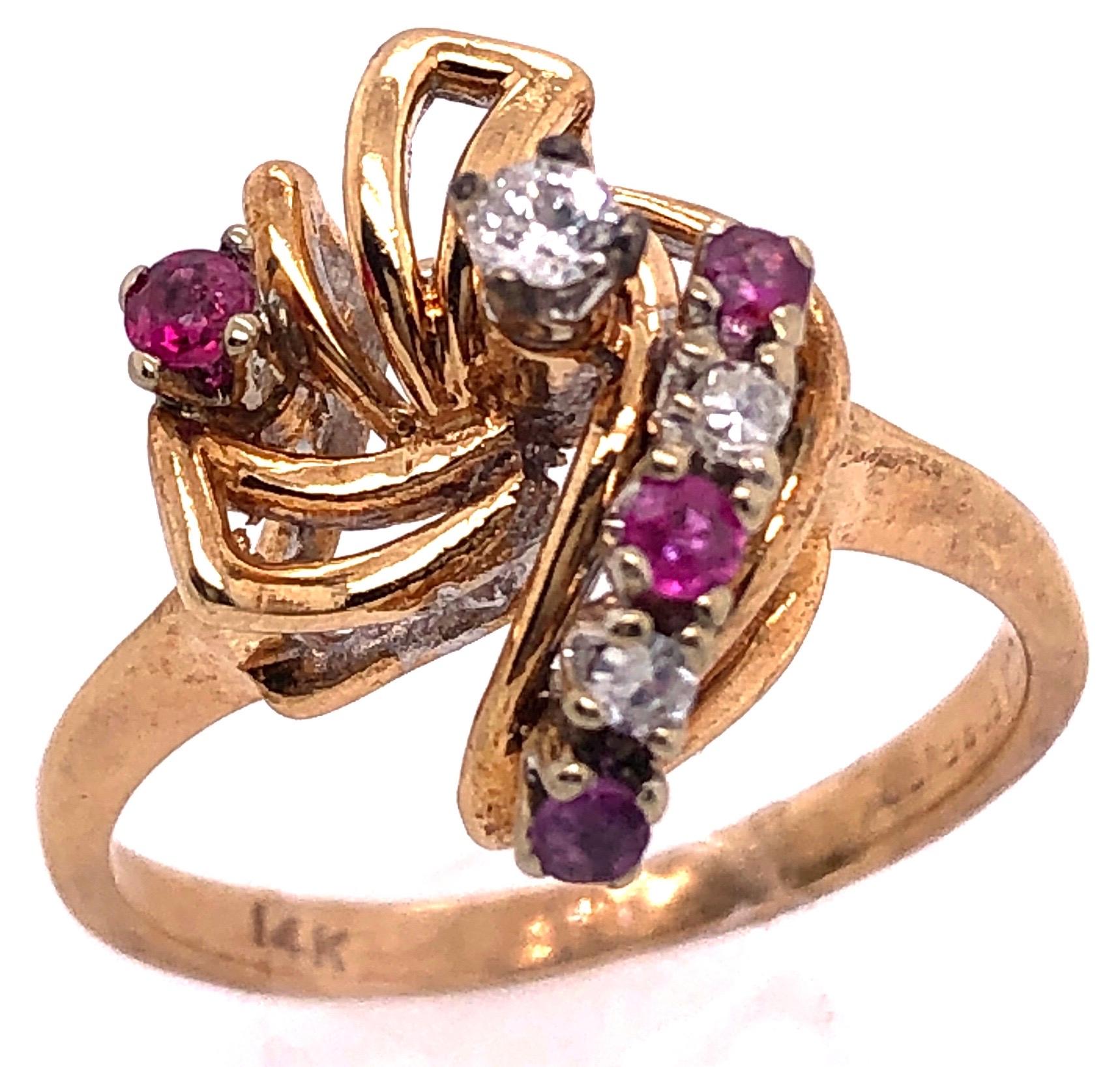 Round Cut 14 Karat Yellow Gold Ruby and Diamond Freeform Contemporary Ring For Sale