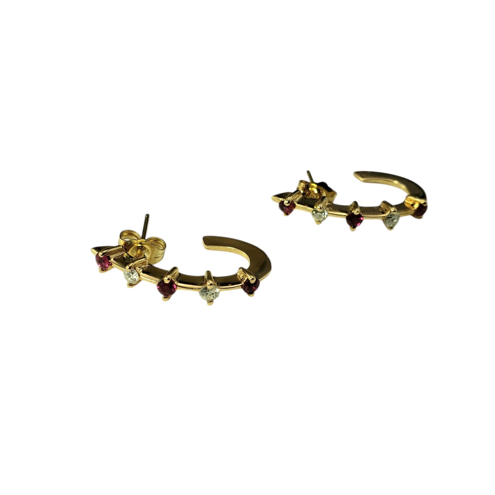 Brilliant Cut 14 Karat Yellow Gold Ruby and Diamond Half Hoop Earrings #20633 For Sale