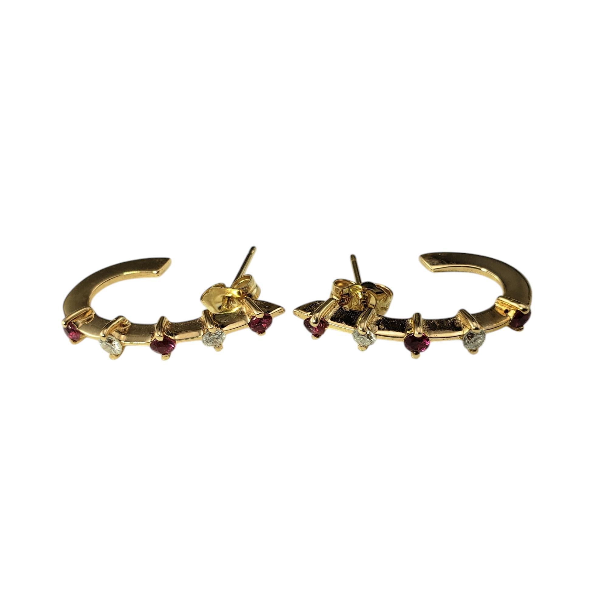 14 Karat Yellow Gold Ruby and Diamond Half Hoop Earrings #20633 For Sale