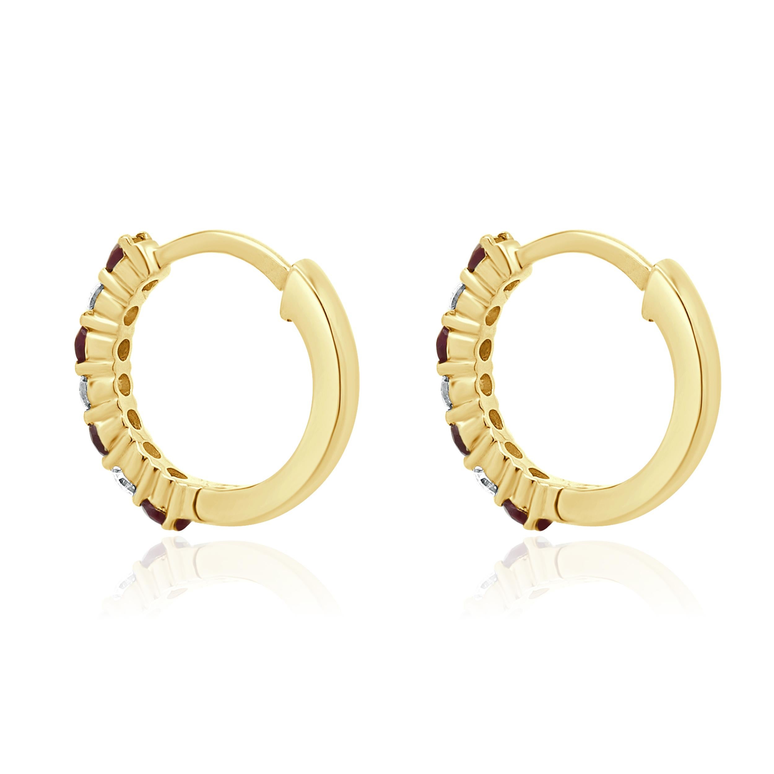 Round Cut 14 Karat Yellow Gold Ruby and Diamond Huggie Hoop Earrings For Sale