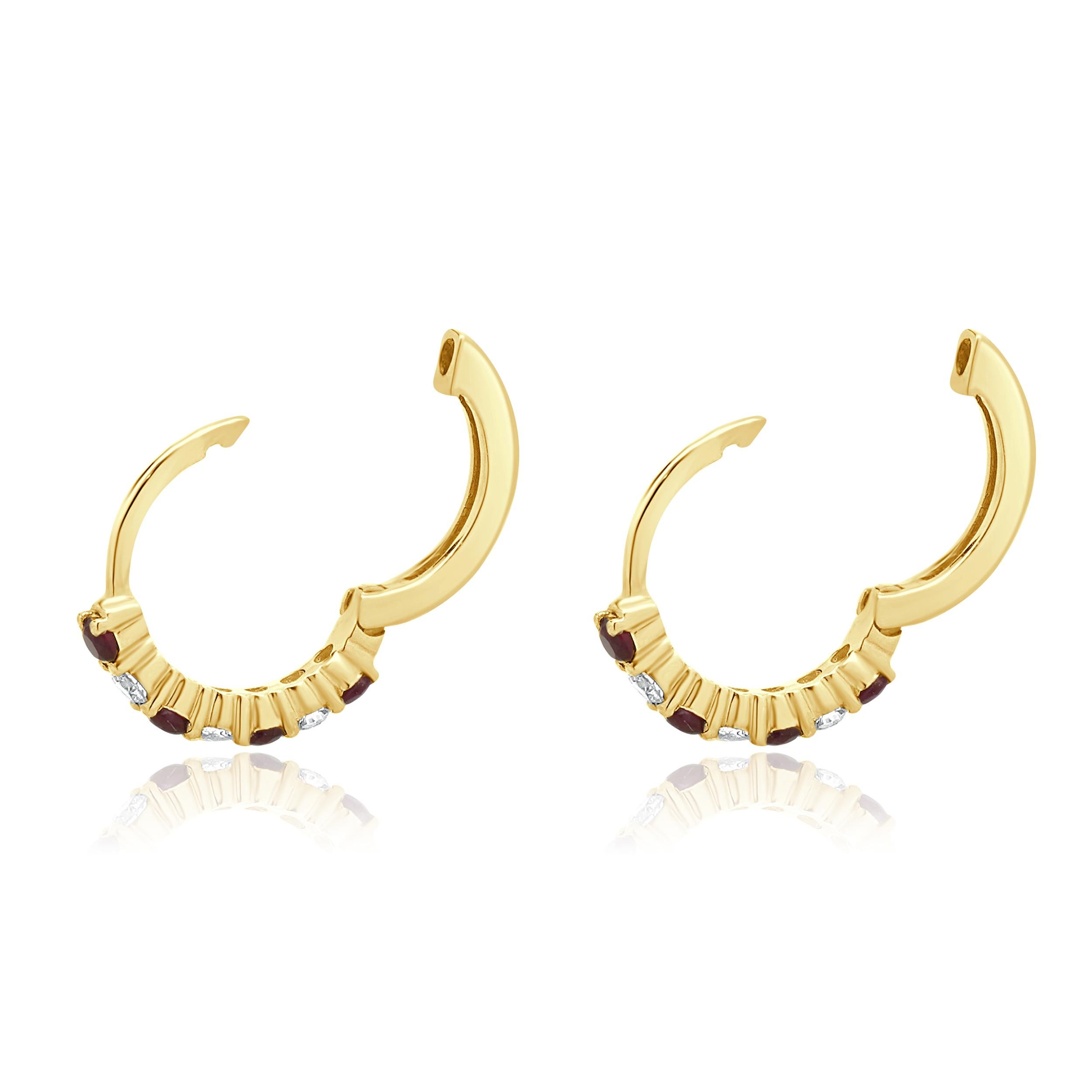 14 Karat Yellow Gold Ruby and Diamond Huggie Hoop Earrings In Excellent Condition For Sale In Scottsdale, AZ