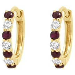 14 Karat Yellow Gold Ruby and Diamond Huggie Hoop Earrings