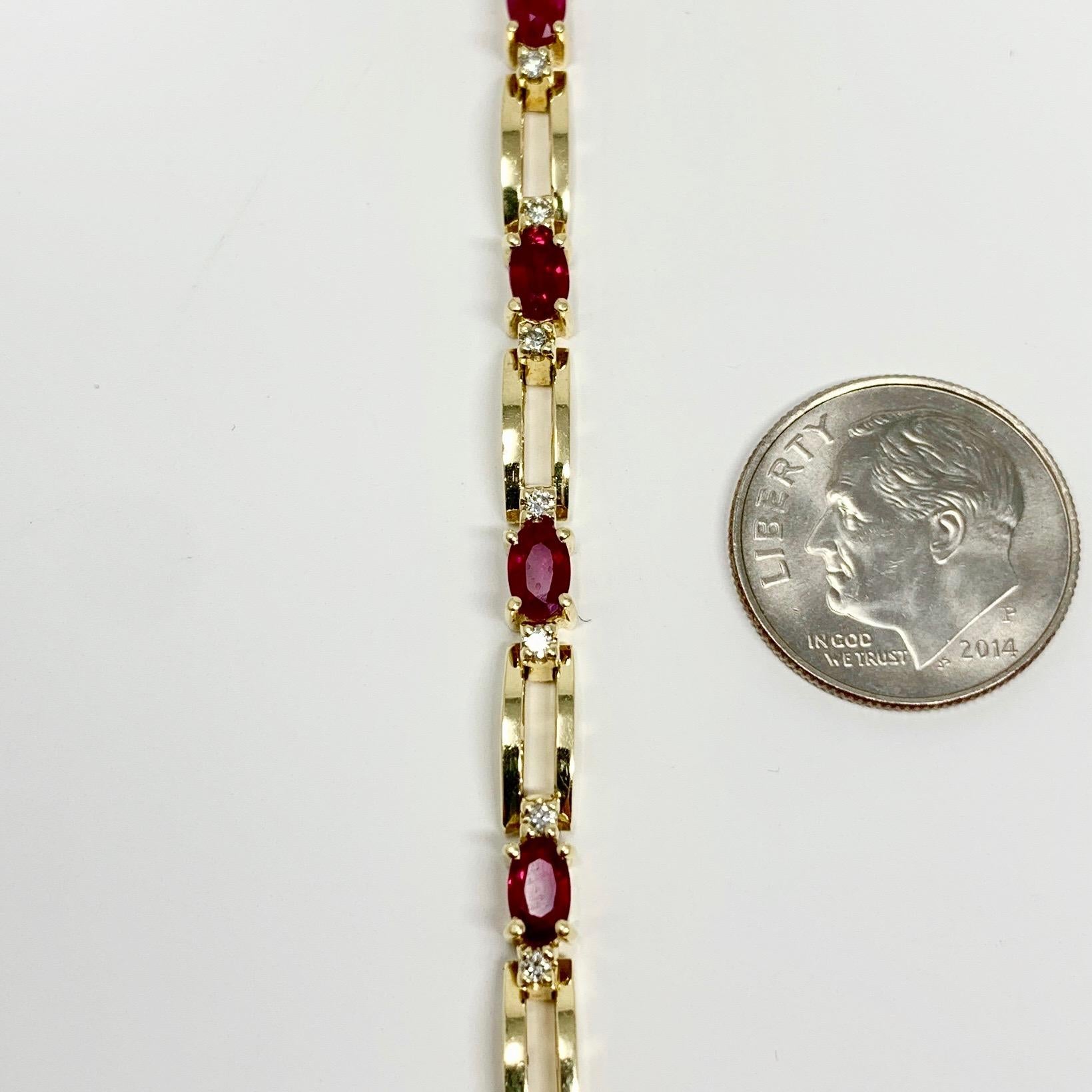 14 Karat Yellow Gold Ruby and Diamond Ladies Tennis Link Bracelet In Good Condition In Guilford, CT