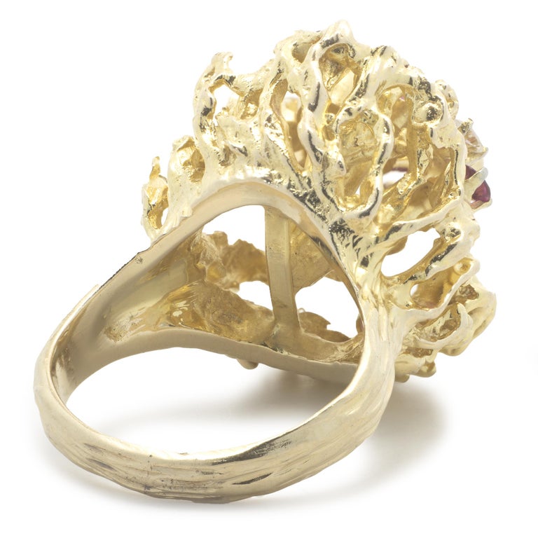 14 Karat Yellow Gold Ruby and Diamond Nugget Style Cocktail Ring For ...