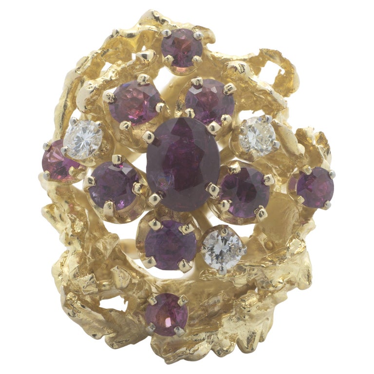 14 Karat Yellow Gold Ruby and Diamond Nugget Style Cocktail Ring For ...