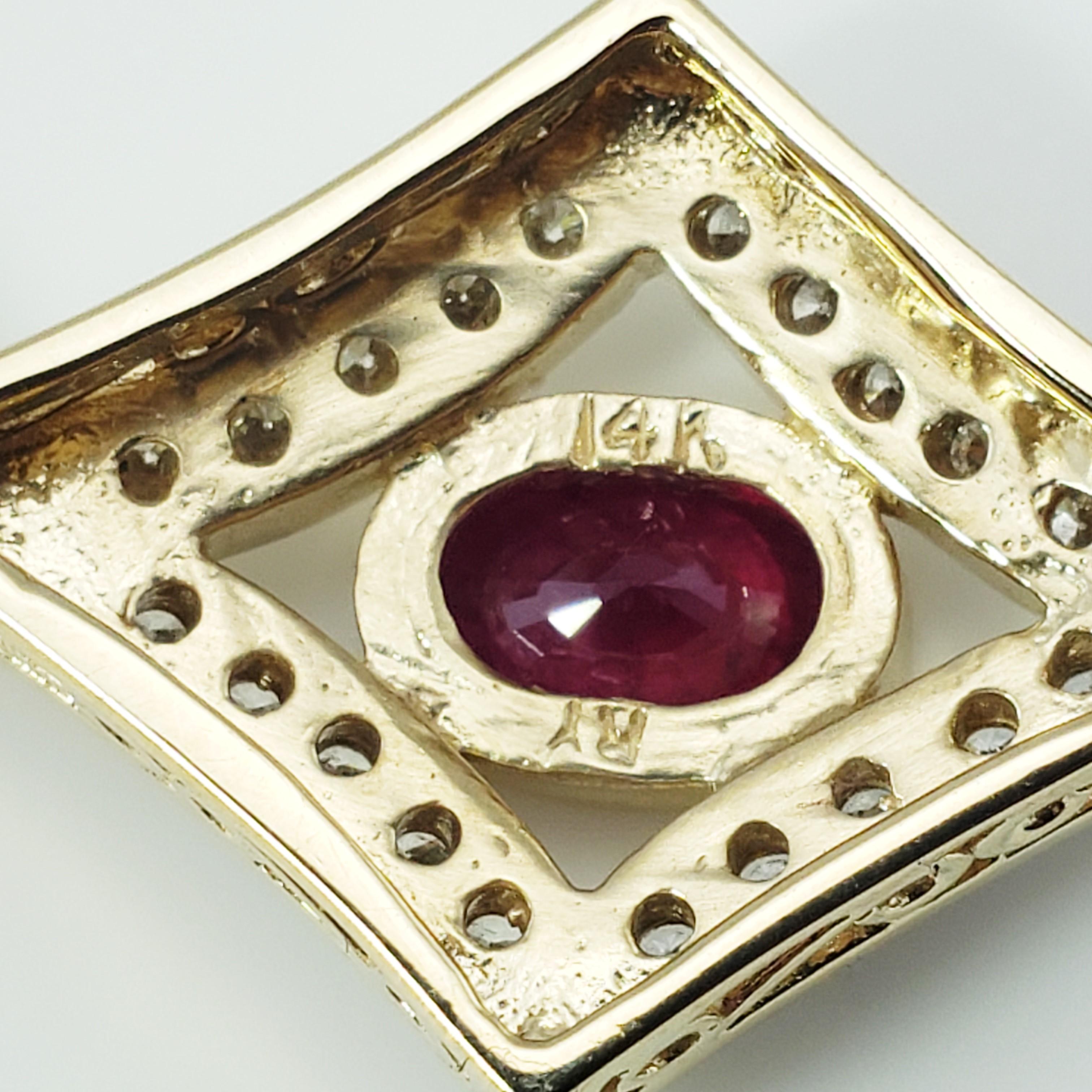 14 Karat Yellow Gold Natural Ruby and Diamond Pendant For Sale 1