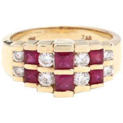 14 Karat Yellow Gold, Ruby and Diamond Pyramid Ring