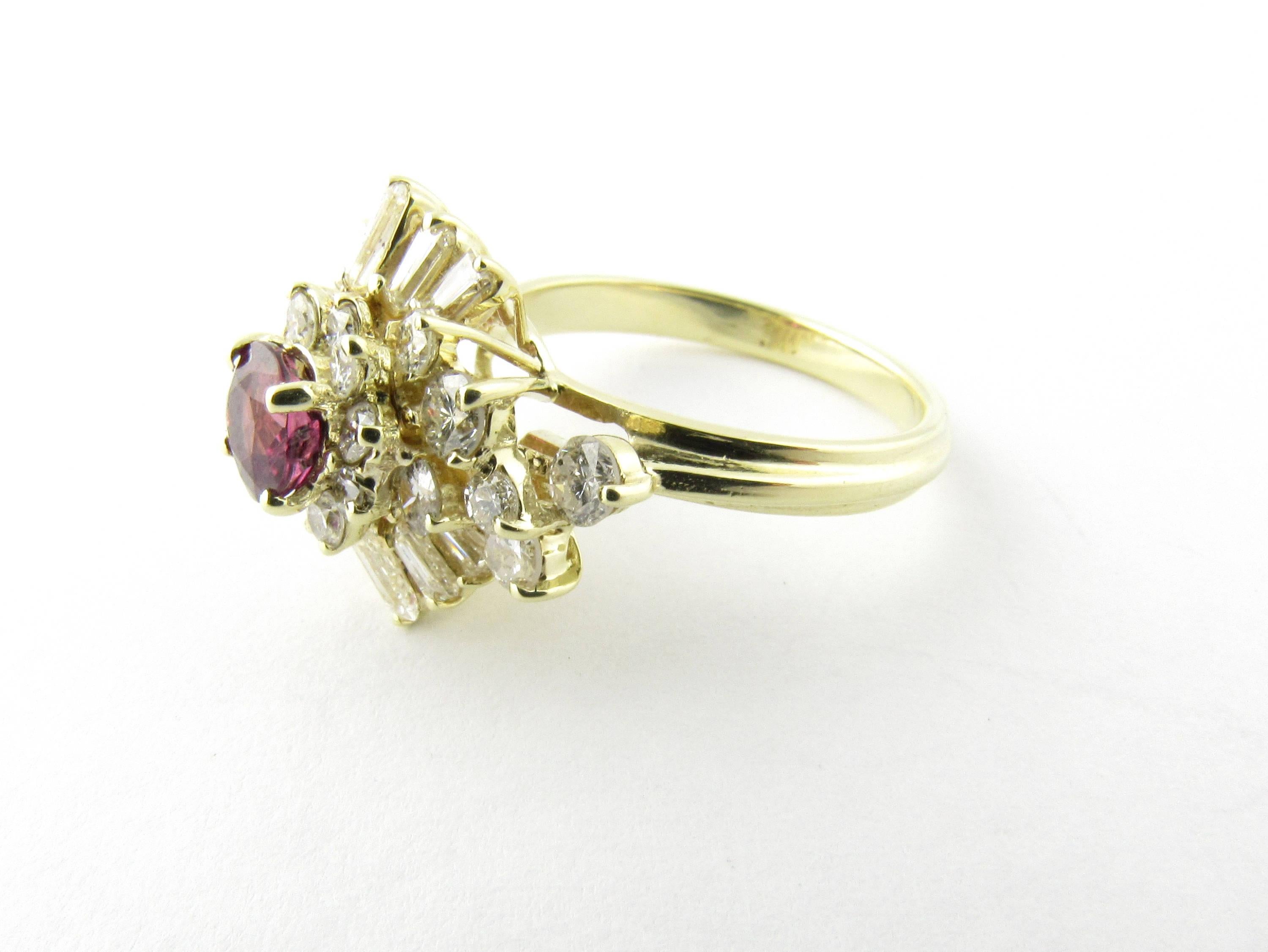 Vintage 14 Karat Yellow Gold Ruby and Diamond Ring Size 5.5

This fabulous ring features one genuine round ruby (5 mm) surrounded by 10 baguette diamond and 12 round brilliant cut diamonds set in 14K yellow gold. Top of ring measures 15 mm x 18 mm.