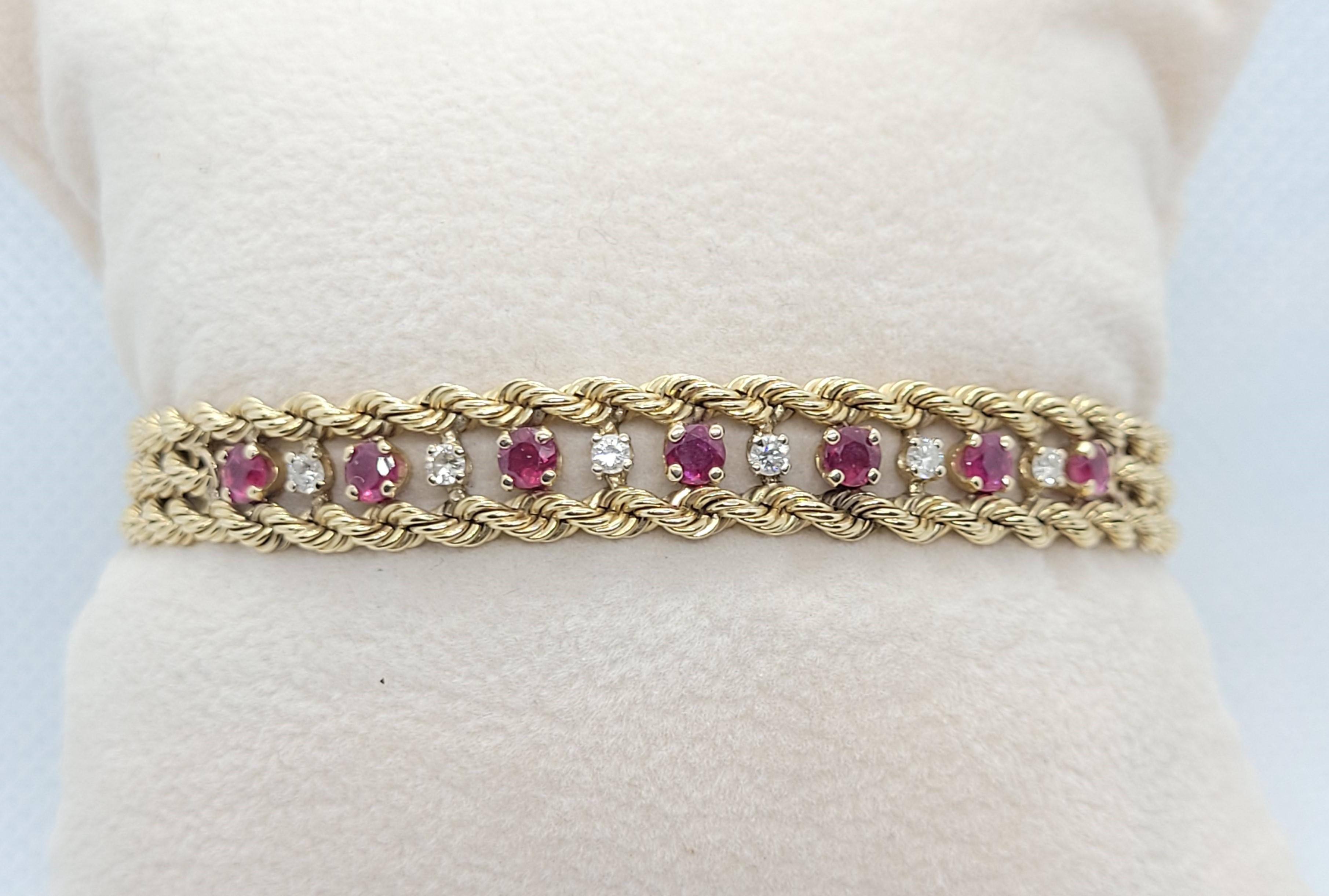 14kt Yellow Gold Ruby and Diamond Rope Bracelet, 17.3 grams, 7 inches long, 7 - 3mm Rubies, 6 - 2mm Diamonds, 8.3 mm wide, Push-In Clasp, figure 8 safety.  This bracelet is in good condition. The diamonds are g/h in color and si in clarity.
