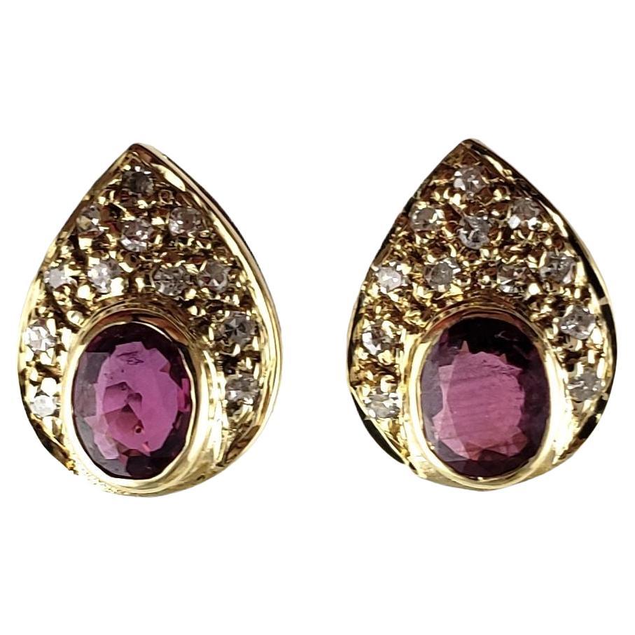 14 Karat Yellow Gold Purple Sapphire and Diamond Tear Drop Earrings For Sale