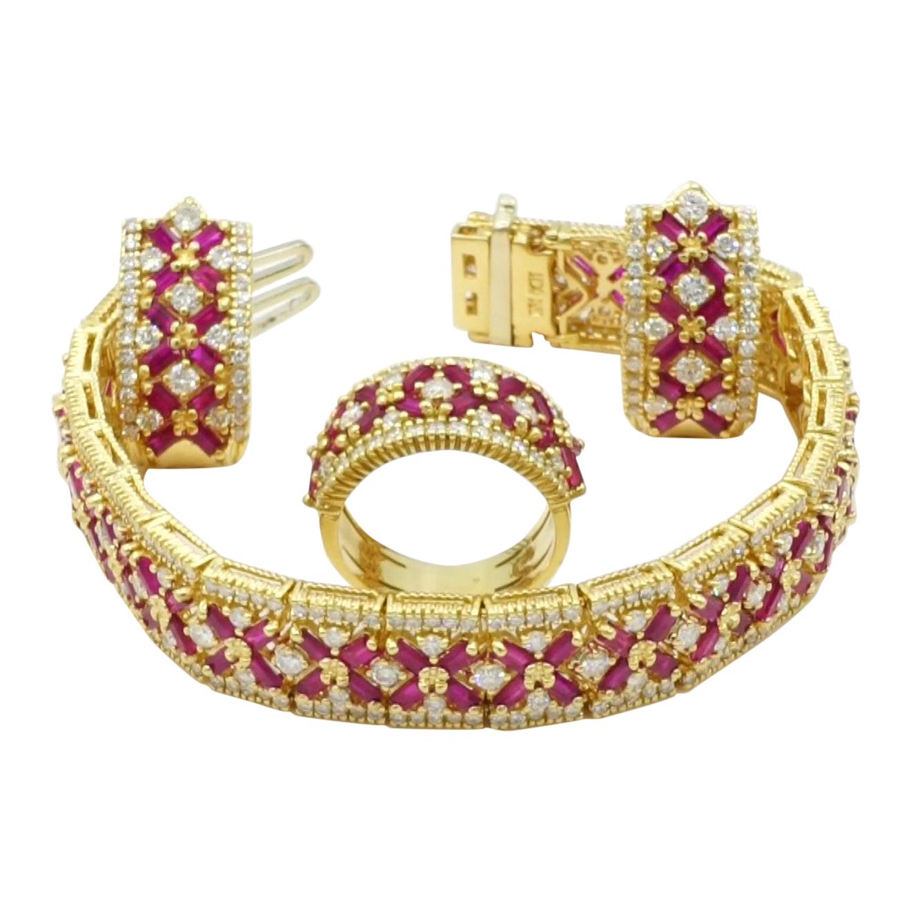 14 Karat Yellow Gold Ruby and Diamond Trio Set Ring, Earrings and Bracelet Set