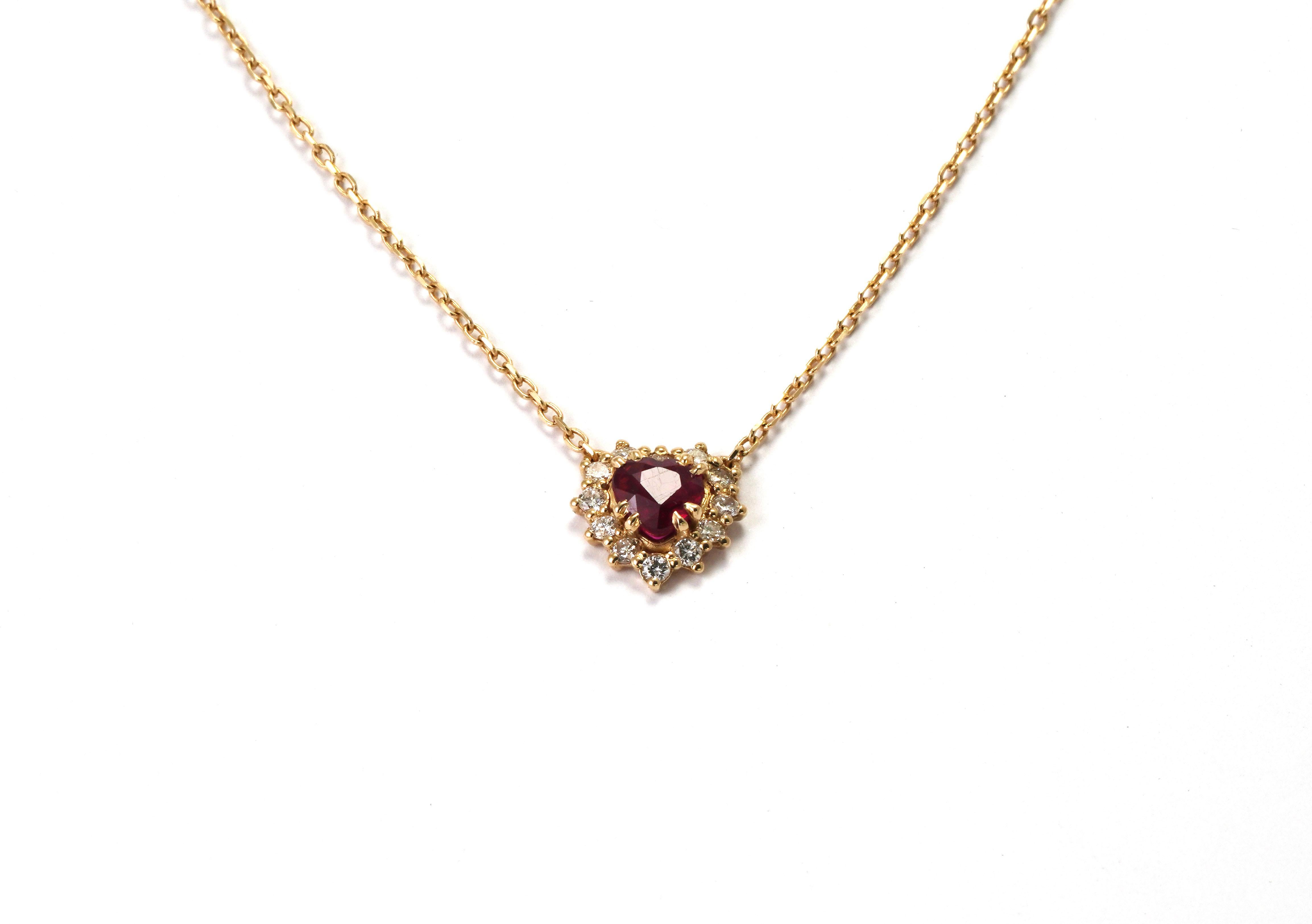 Modern 14 Karat Yellow Gold Ruby and Diamonds Necklace For Sale