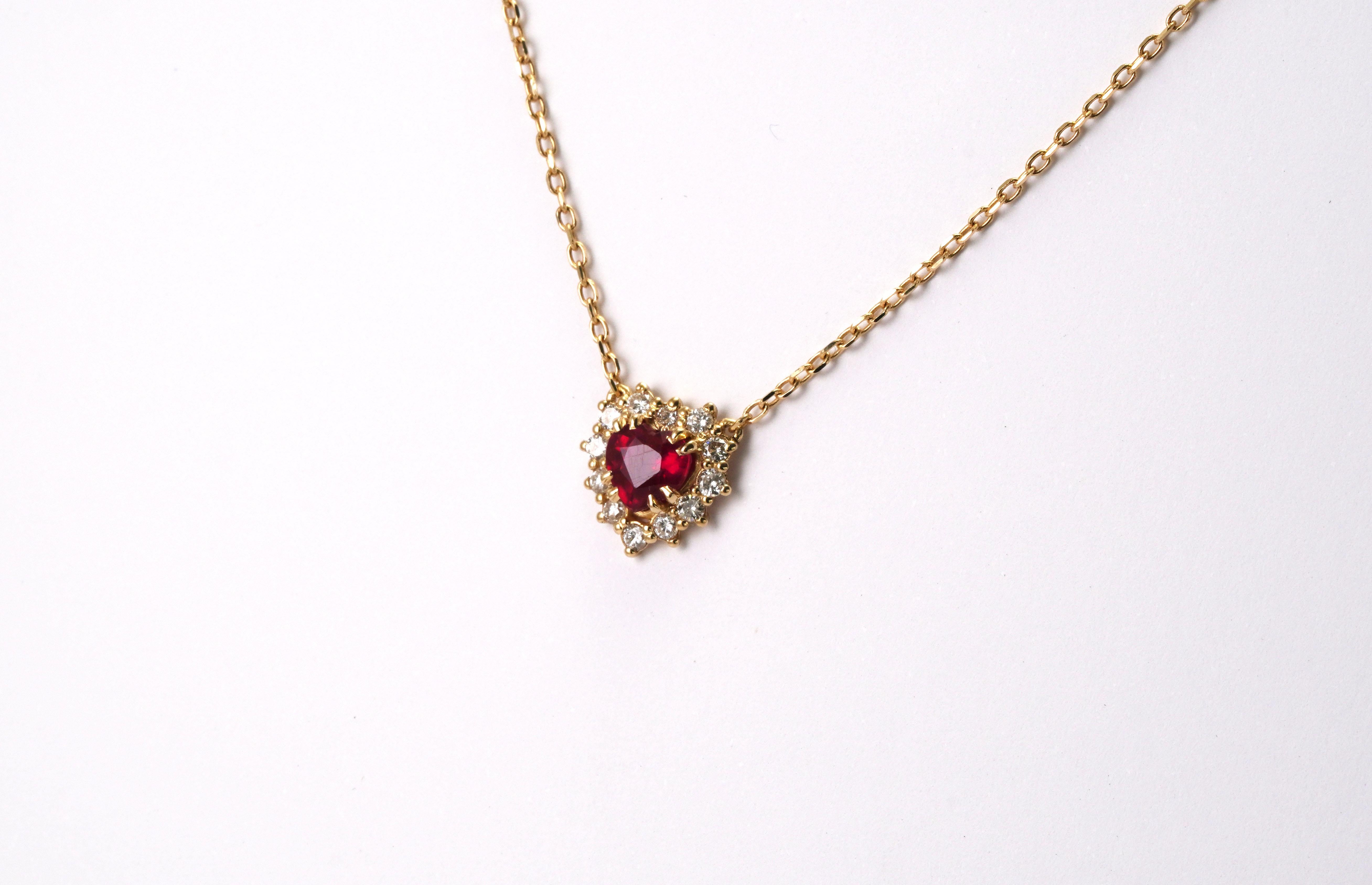 Heart Cut 14 Karat Yellow Gold Ruby and Diamonds Necklace For Sale