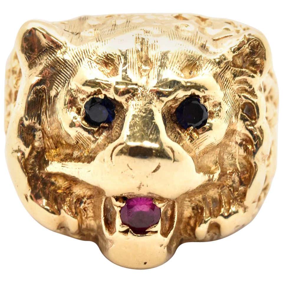 14 Karat Yellow Gold Ruby and Sapphire Bear Animal Head Ring at 1stDibs ...