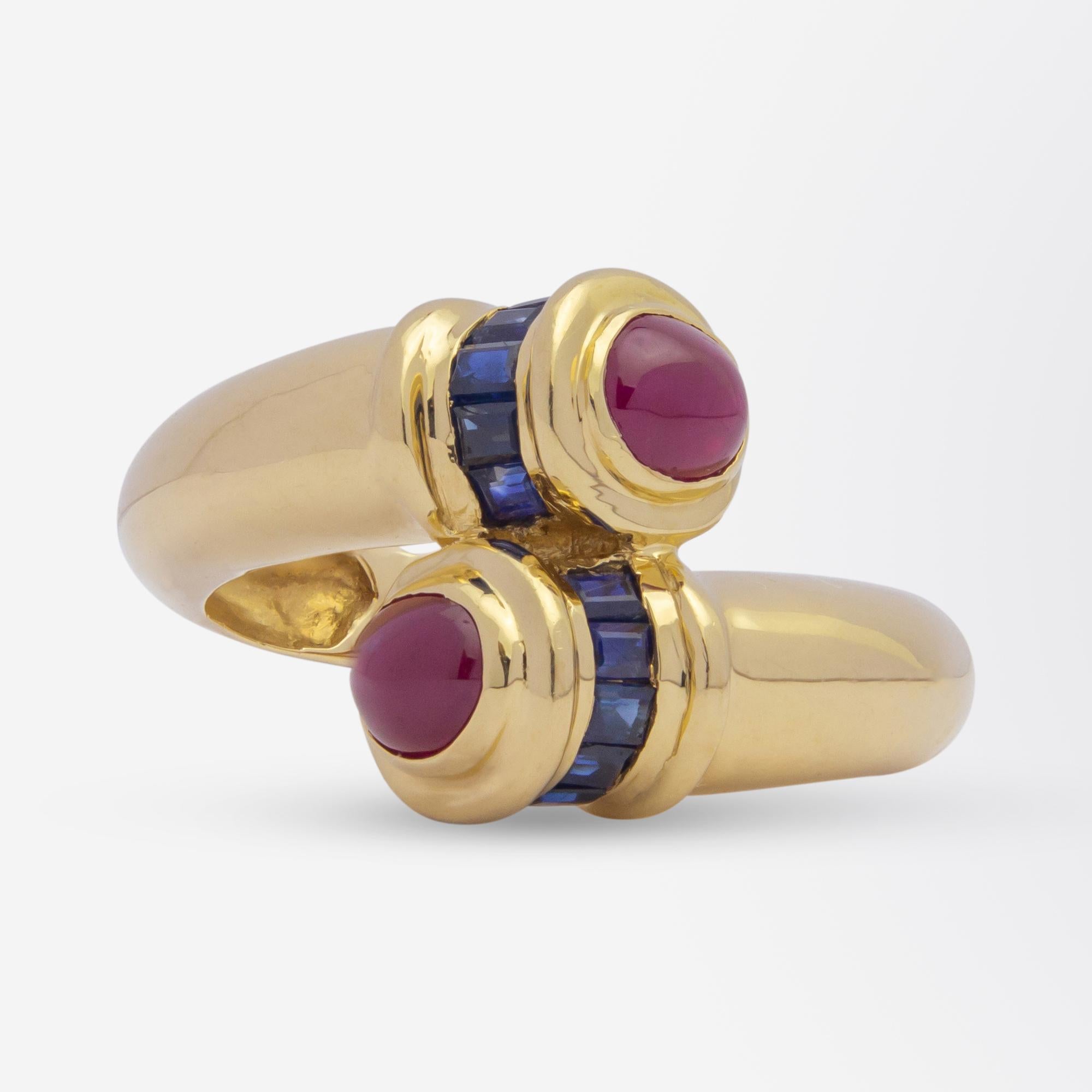 Modern 14 Karat Yellow Gold, Ruby, and Sapphire 'Bypass' Ring For Sale